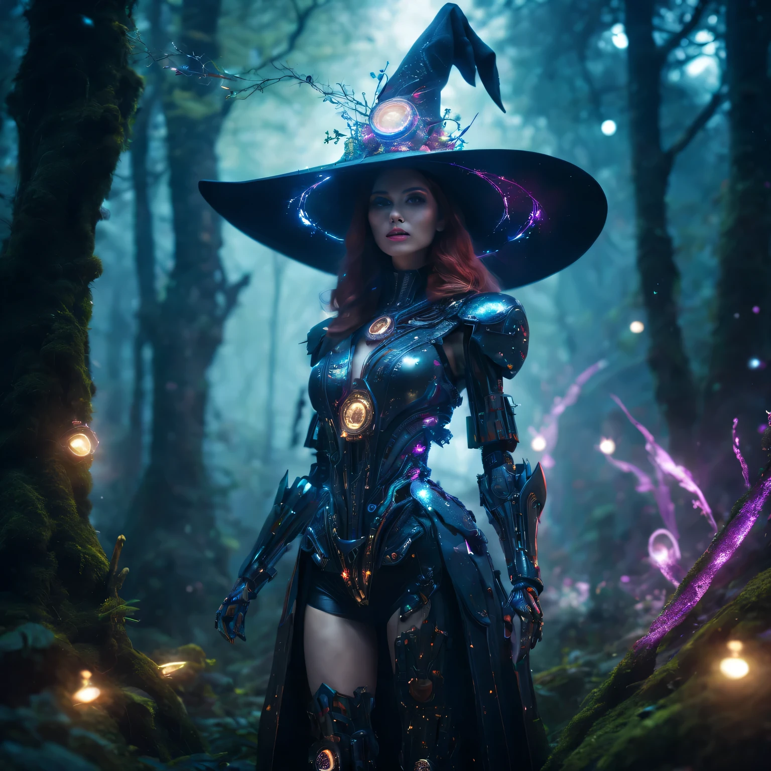 Futuristic robot witch in the enchanted forest、(witch hat)、cybernetic enhancement、(Mechanical edge structure、upper body portrait，Create a mysterious and charming atmosphere，Glittering symbols and runes、shimmering particles、sparkling mist、strong color palette，（best quality，4K，8k，masterpiece：1.2），Super detailed，（lifelike，照片lifelike，The photos are real：1.37），human development report，ultra high definition，studio lighting，Super beautiful paintings，clear focus，Physically based rendering，extremely detailed description，main，bright colors，Defocused，