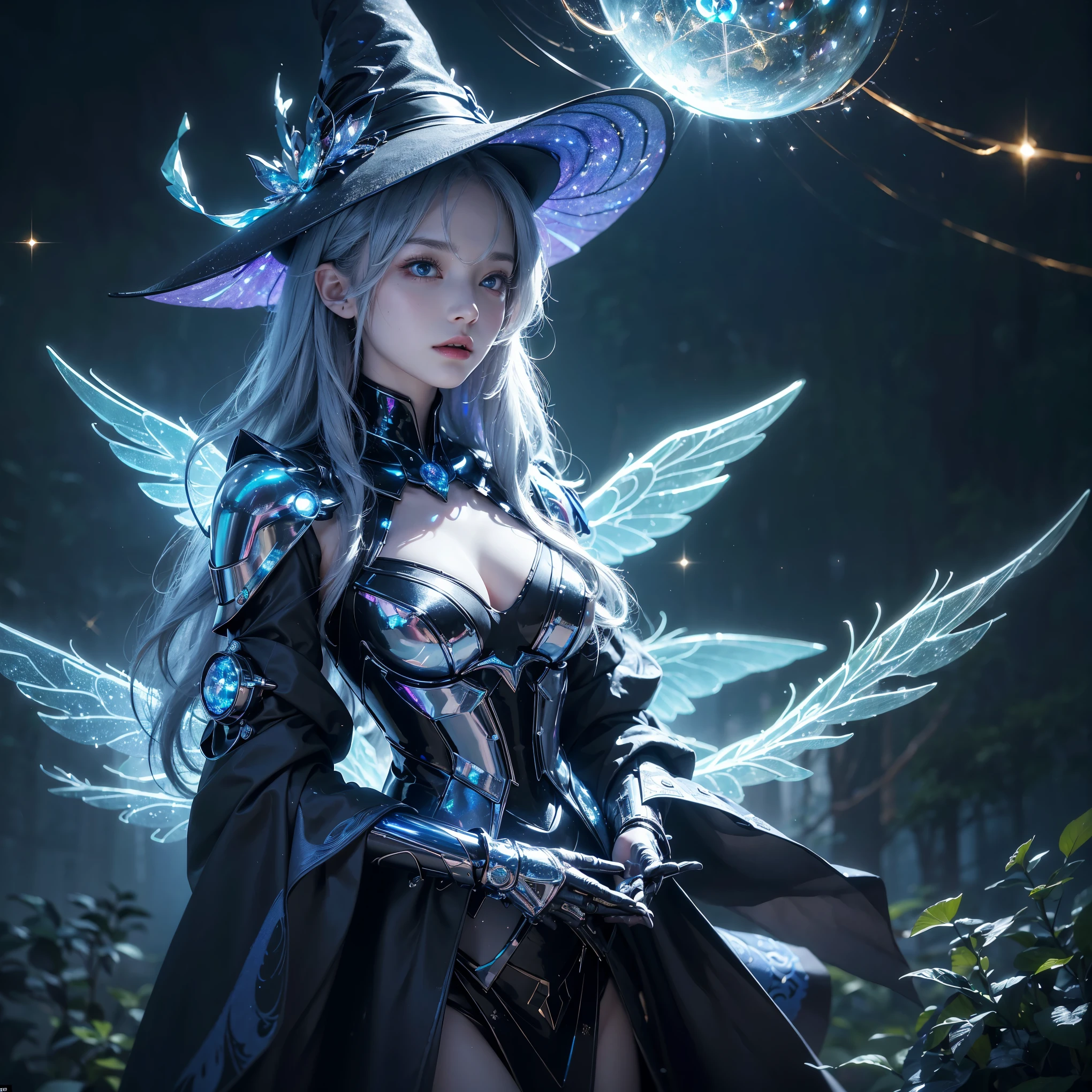 Futuristic robot witch in enchanted forest、(witch hat)、cybernetic enhancement、(mechanical limbetal texture、upper body portrait，Create a mysterious and enchanting atmosphere，(gleaming mechanical wings)，Glittering symbols and runes、sparkling particles、sparkling mist、strong color palette，（best quality，4k，8k，masterpiece：1.2），Ultra-detailed，（lifelike，照片lifelike，Photos are real：1.37），HDR，ultra high definition，studio lighting，super fine painting，clear focus，Physically based rendering，extreme detail description，major，vivid colors，Defocused，