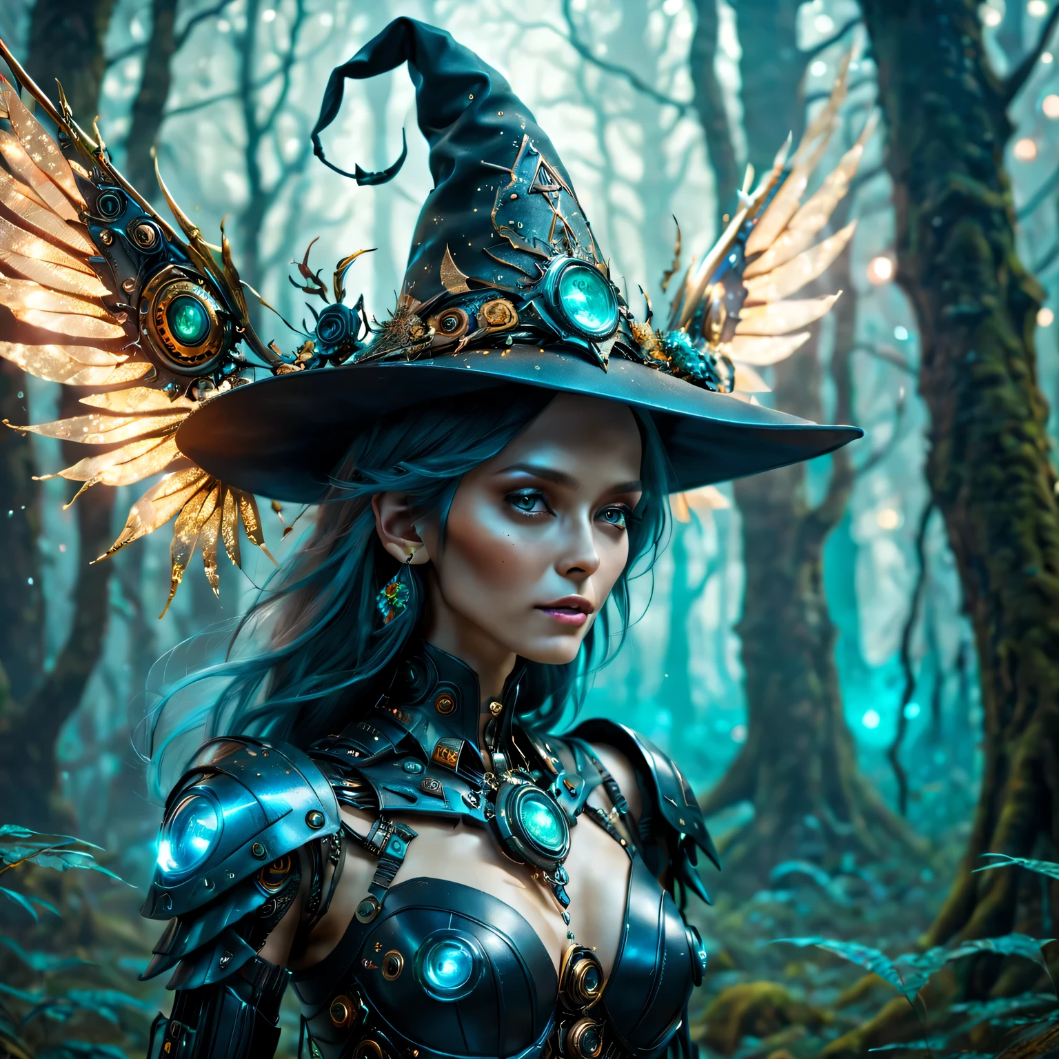 Futuristic robot witch in the enchanted forest、(witch hat)、cybernetic enhancement、(Mechanical edge structure、upper body portrait，Create a mysterious and charming atmosphere，(Sparkling mechanical wings)，Glittering symbols and runes、shimmering particles、sparkling mist、strong color palette，（best quality，4K，8k，masterpiece：1.2），Super detailed，（lifelike，照片lifelike，The photos are real：1.37），human development report，ultra high definition，studio lighting，Super beautiful paintings，clear focus，Physically based rendering，extremely detailed description，main，bright colors，Defocused，