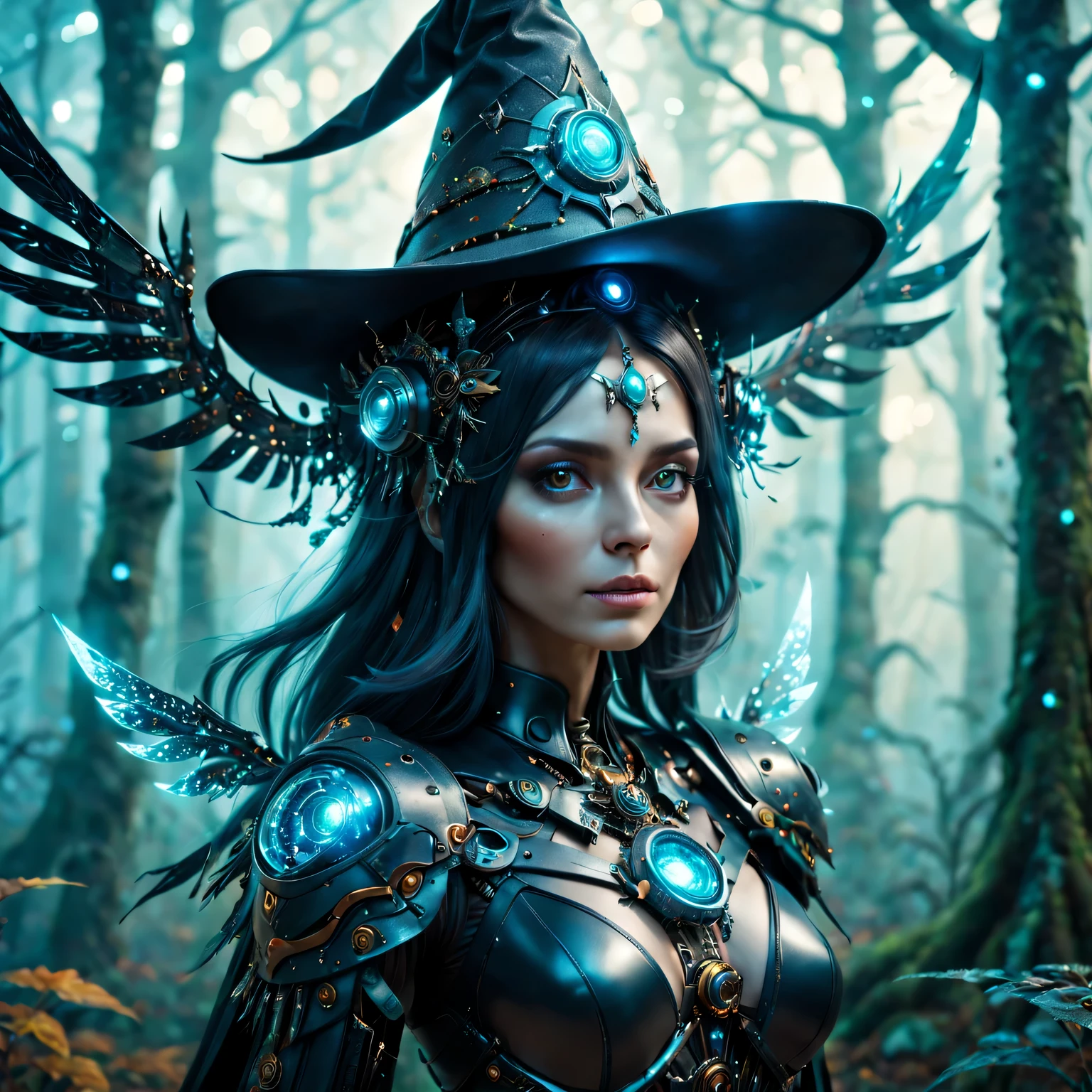 Futuristic robot witch in the enchanted forest、(witch hat)、cybernetic enhancement、(Mechanical edge structure、upper body portrait，Create a mysterious and charming atmosphere，(Sparkling mechanical wings)，Glittering symbols and runes、shimmering particles、sparkling mist、strong color palette，（best quality，4K，8k，masterpiece：1.2），Super detailed，（lifelike，照片lifelike，The photos are real：1.37），human development report，ultra high definition，studio lighting，Super beautiful paintings，clear focus，Physically based rendering，extremely detailed description，main，bright colors，Defocused，