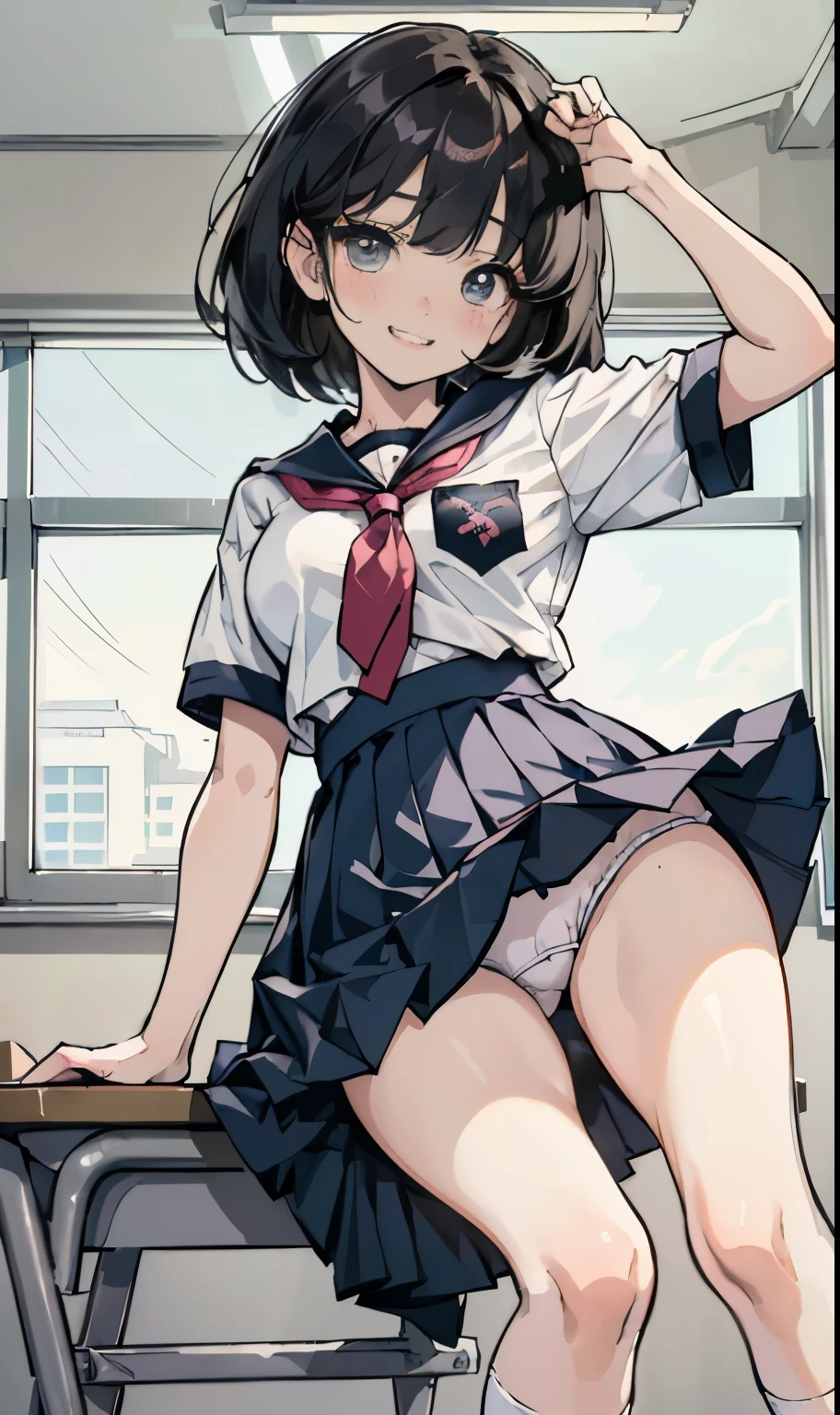 a closeup of an anime girl with an anime skirt and school shirt under her skirt, 1girl, underwear, panties, solo, skirt, indoors, blush, school uniform, classroom, looking at viewer, pleated skirt, desk, shirt, short sleeves, from below, school desk, necktie, socks, white panties, white shirt, sweat, bangs, standing, breasts(masterpiece:1.2, best quality), (highly detailed:1.3), , panty pull, beautiful eyelashes,,,grin,((kiddie,JS,littlegirl,kodomo)),