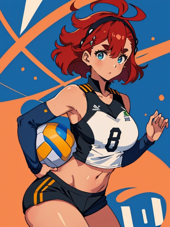 Suletta mercury, tall, 1 girl, ((fit body)), red hair, (dark skin), blue eyes, (volleyball uniform) , tight bottoms, , large breasts, midriff, high hip cut shorts, black booty shorts, white top, gold trim