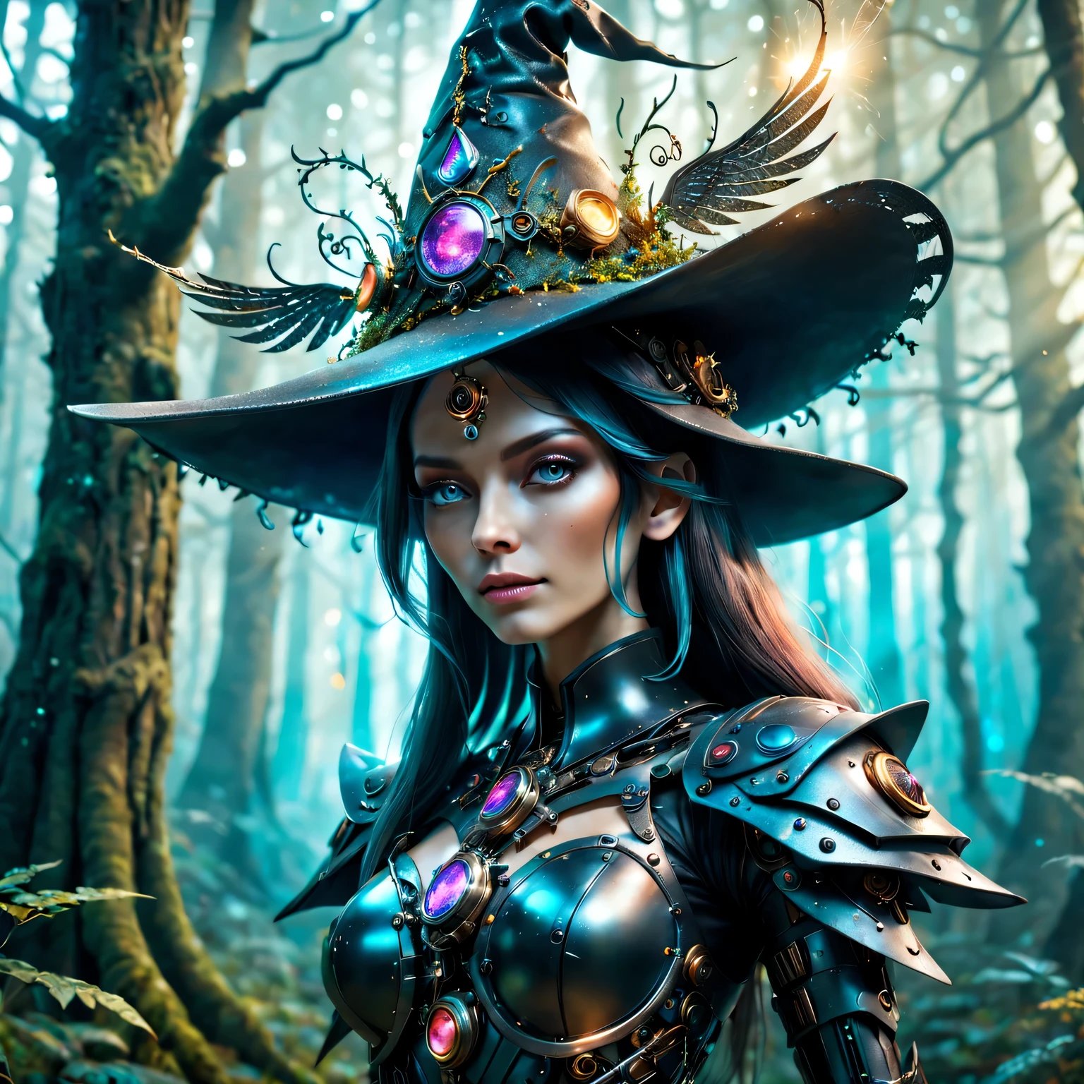 Futuristic robot witch in the enchanted forest、(witch hat)、cybernetic enhancement、(Mechanical edge structure、upper body portrait,Create a mysterious and charming atmosphere,(Sparkling mechanical wings),Glittering symbols and runes、shimmering particles、sparkling mist、strong color palette,(best quality,4K,8k,masterpiece:1.2),Super detailed,(lifelike,照片lifelike,The photos are real:1.37),human development report,ultra high definition,studio lighting,Super beautiful paintings,clear focus,Physically based rendering,extremely detailed description,main,bright colors,Defocused,