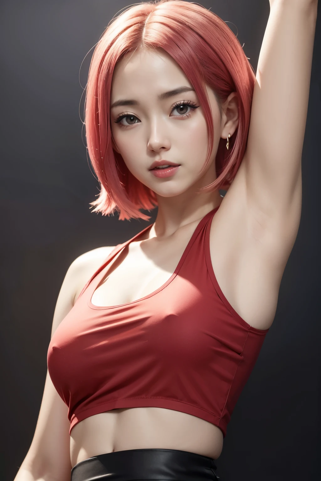 sakura from naruto shippuden anime, red sleeveless top, arm up in the air, UHD underarms, UHD armpit details