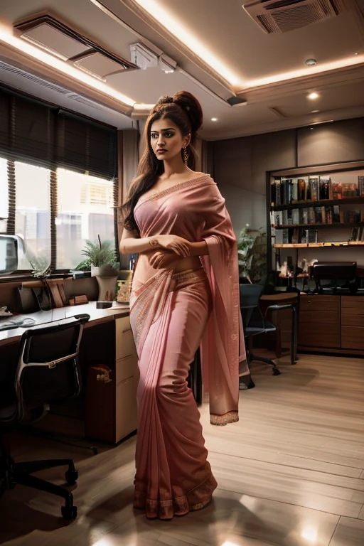 Masterpiece, a beautiful Indian woman front view, (Aishwarya Rai), (fantasy library background), (pink cotton saree with laced edges),, glasseedium breasts), perfect body, black hair, hair tied in aa loose bun, legs, (skin texture:1.1), best quality, ultra high res, (photorealistic: 1.4), Raw photo, by Ellen von Unwerth, Nikon D850 Film Stock Photography, F1.6 Lens, Rich Colors, Realistic, Cinestill 800, backlight, rimlighting, studiolighting, erotic photoshoot, from front, office meeting room background