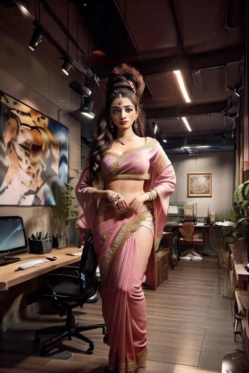 Masterpiece, a beautiful Indian woman front view, (Aishwarya Rai), (fantasy library background), (pink cotton saree with laced edges),, glasseedium breasts), perfect body, black hair, hair tied in aa loose bun, legs, (skin texture:1.1), best quality, ultra high res, (photorealistic: 1.4), Raw photo, by Ellen von Unwerth, Nikon D850 Film Stock Photography, F1.6 Lens, Rich Colors, Realistic, Cinestill 800, backlight, rimlighting, studiolighting, erotic photoshoot, from front, office meeting room background
