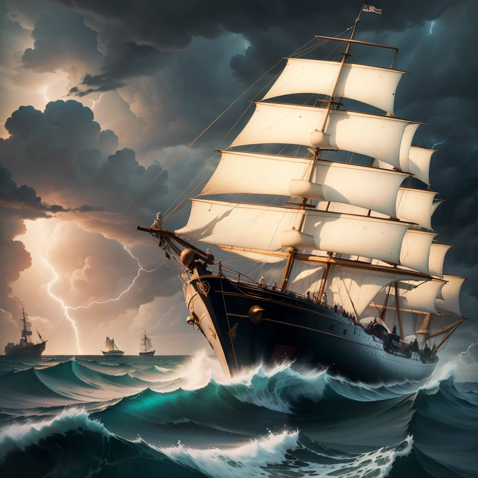 sailors on the deck of a three-masted sailing ship observe an approaching storm. stormy sky, lightning, very rough waters.