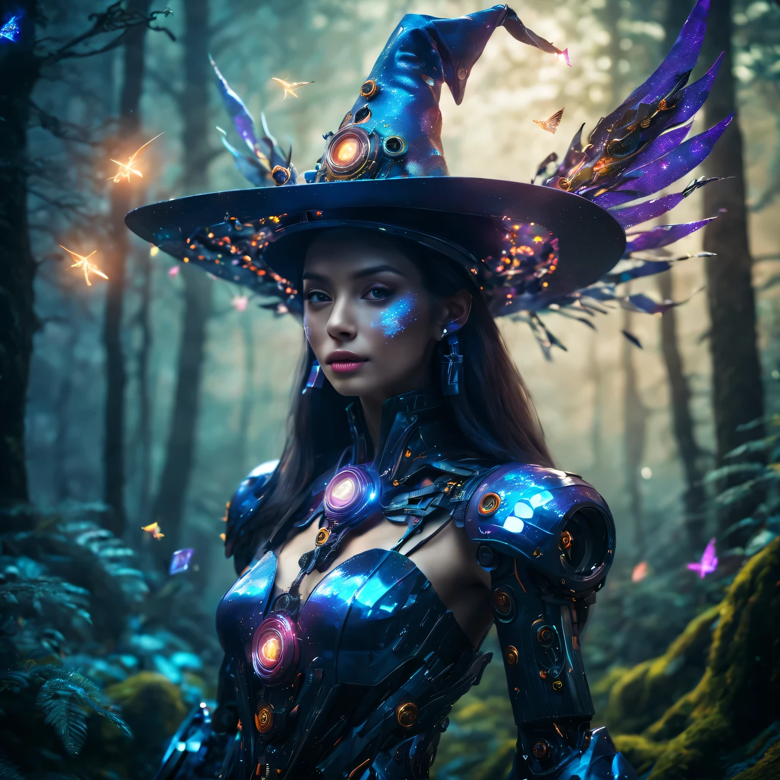 Futuristic robot witch in the enchanted forest、(witch hat)、cybernetic enhancement、(Mechanical edge structure、upper body portrait,Create a mysterious and charming atmosphere,(Sparkling mechanical wings),Glittering symbols and runes、shimmering particles、sparkling mist、strong color palette,(best quality,4K,8k,masterpiece:1.2),Super detailed,(lifelike,照片lifelike,The photos are real:1.37),human development report,ultra high definition,studio lighting,Super beautiful paintings,clear focus,Physically based rendering,extremely detailed description,main,bright colors,Defocused,