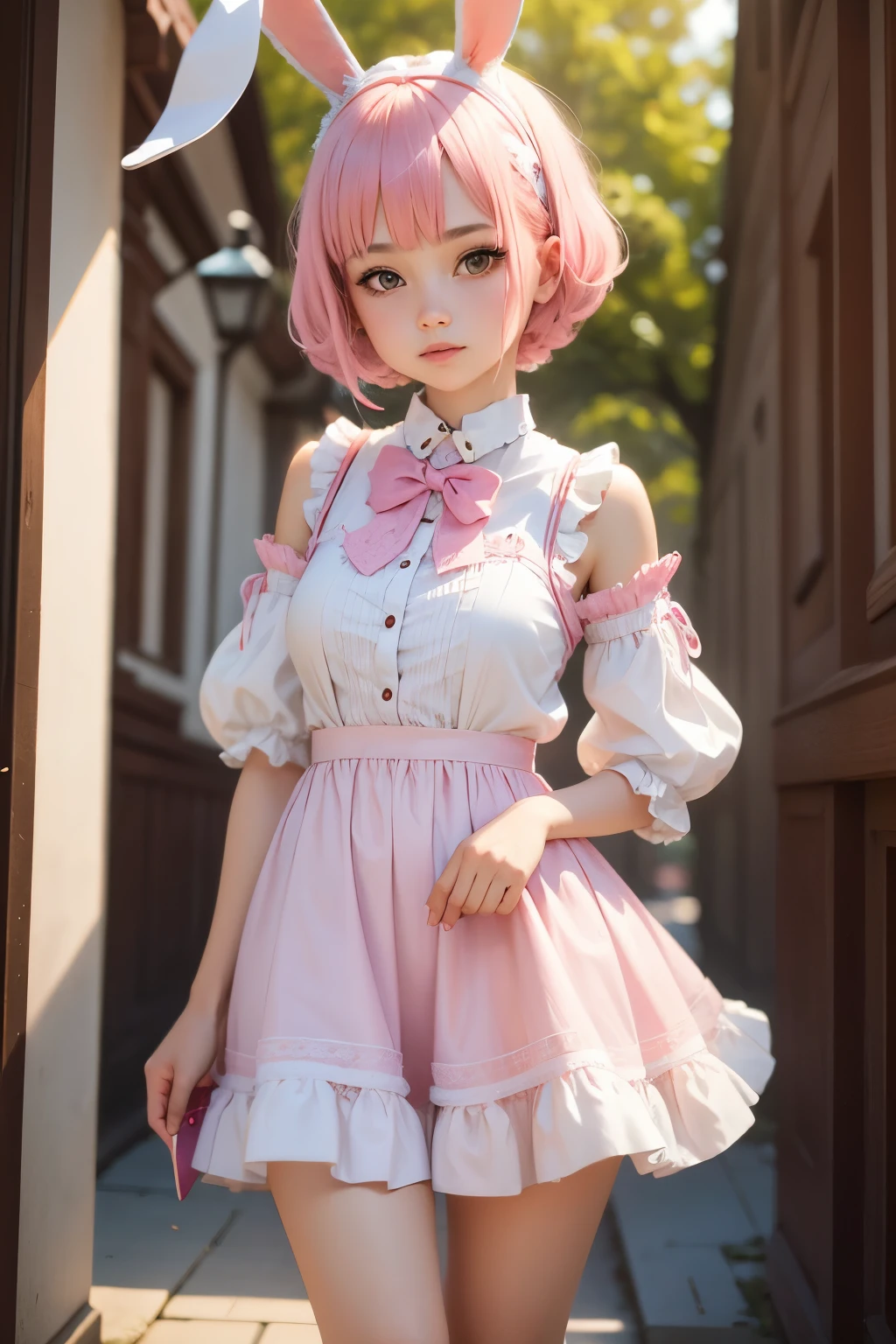 Cute girl, Girl dressed as a bunny, Long eared, white rabbit, Short pink hair 