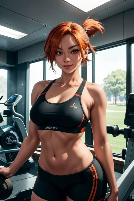 Pose de modelo sexy, obra de arte, melhor qualidade, high resolution, 1 garota, (Pokémon), cabelo laranja, Sozinho, shorts legging , rabo de cavalo lateral, Athletic body, cabelo laranja, barriga, sport bra, umbigo, cabelo curto, sorriso, seios grandes, tiro de corpo inteiro, in the gym weight machines, gym, high resolution, very high resolution, 1080P, 4k, 8k, 16k, muito detalhado, realista, 8k, Cinema 4D, Arte extremamente detalhado, [ Arte Digital 4K ]