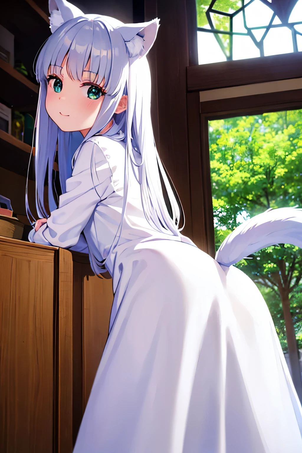 Cabello largo plateado, ojos verdes, petite, monja, white clothes, wolf ears, wolf tail, sonrisa, muslos hermosos, inside house, girar cuello, look back