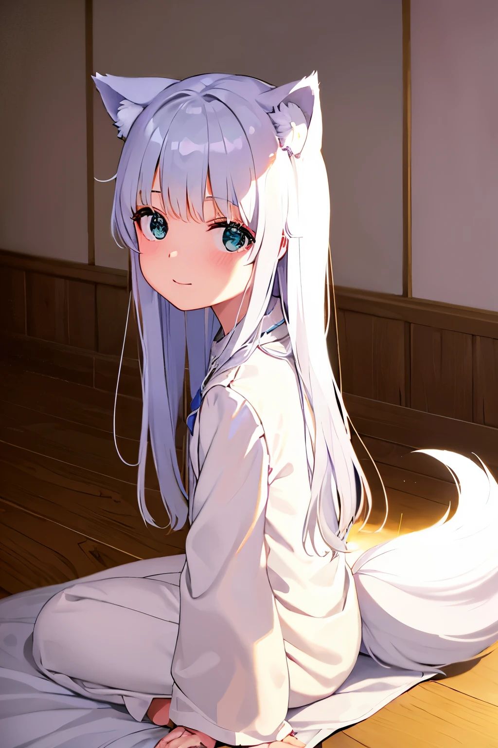 Cabello largo plateado, ojos verdes, petite, monja, white clothes, wolf ears, wolf tail, sonrisa, muslos hermosos, inside house, girar cuello, look back