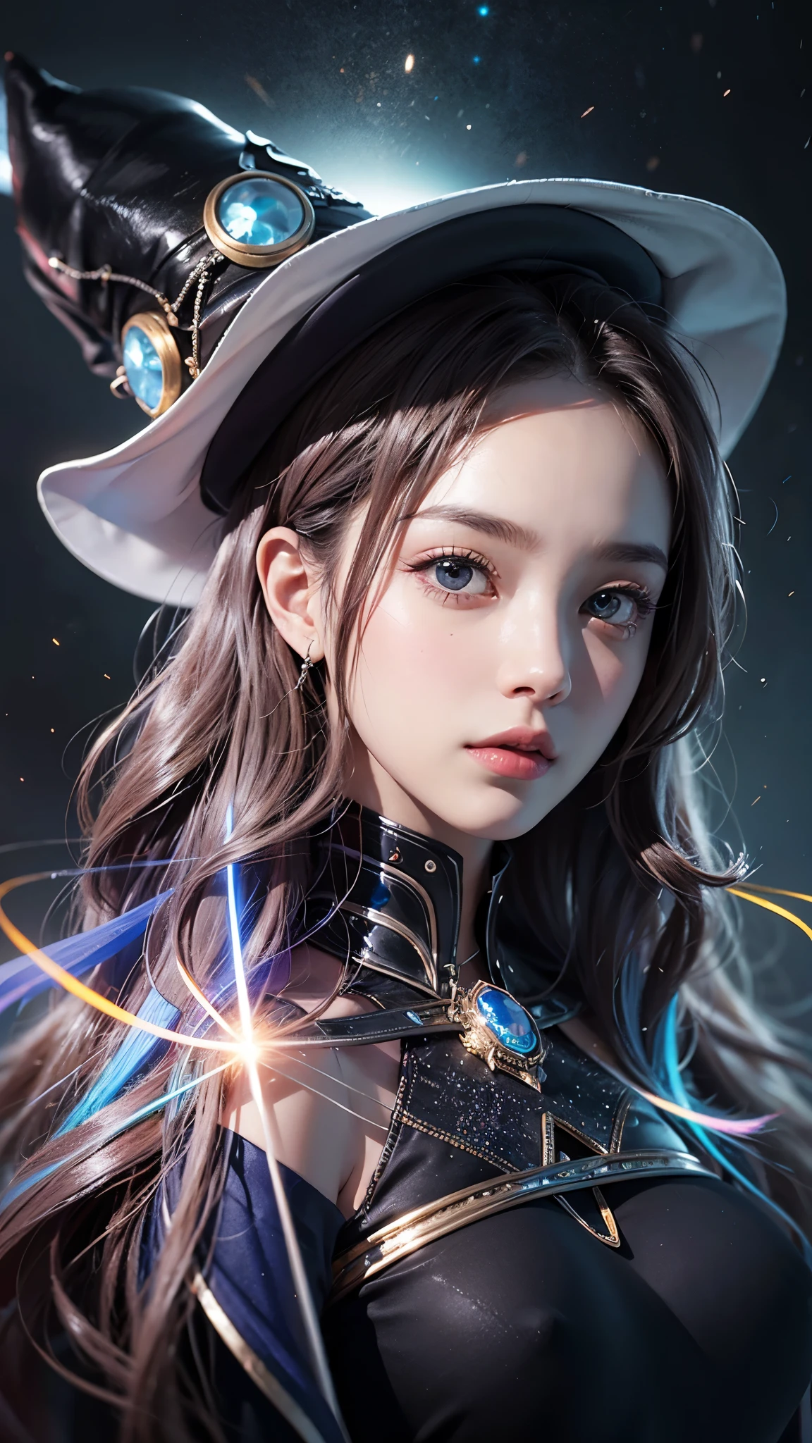 Futuristic robot witch in enchanted forest、(witch hat)、cybernetic enhancement、(mechanical limbetal texture、(upper body portrait),Create a mysterious and enchanting atmosphere,Glittering symbols and runes、sparkling particles、sparkling mist、strong color palette,(best quality,4k,8k,masterpiece:1.2),Ultra-detailed,(lifelike,照片lifelike,Photos are real:1.37),HDR,ultra high definition,studio lighting,super fine painting,clear focus,Physically based rendering,extreme detail description,major,vivid colors,Defocused,