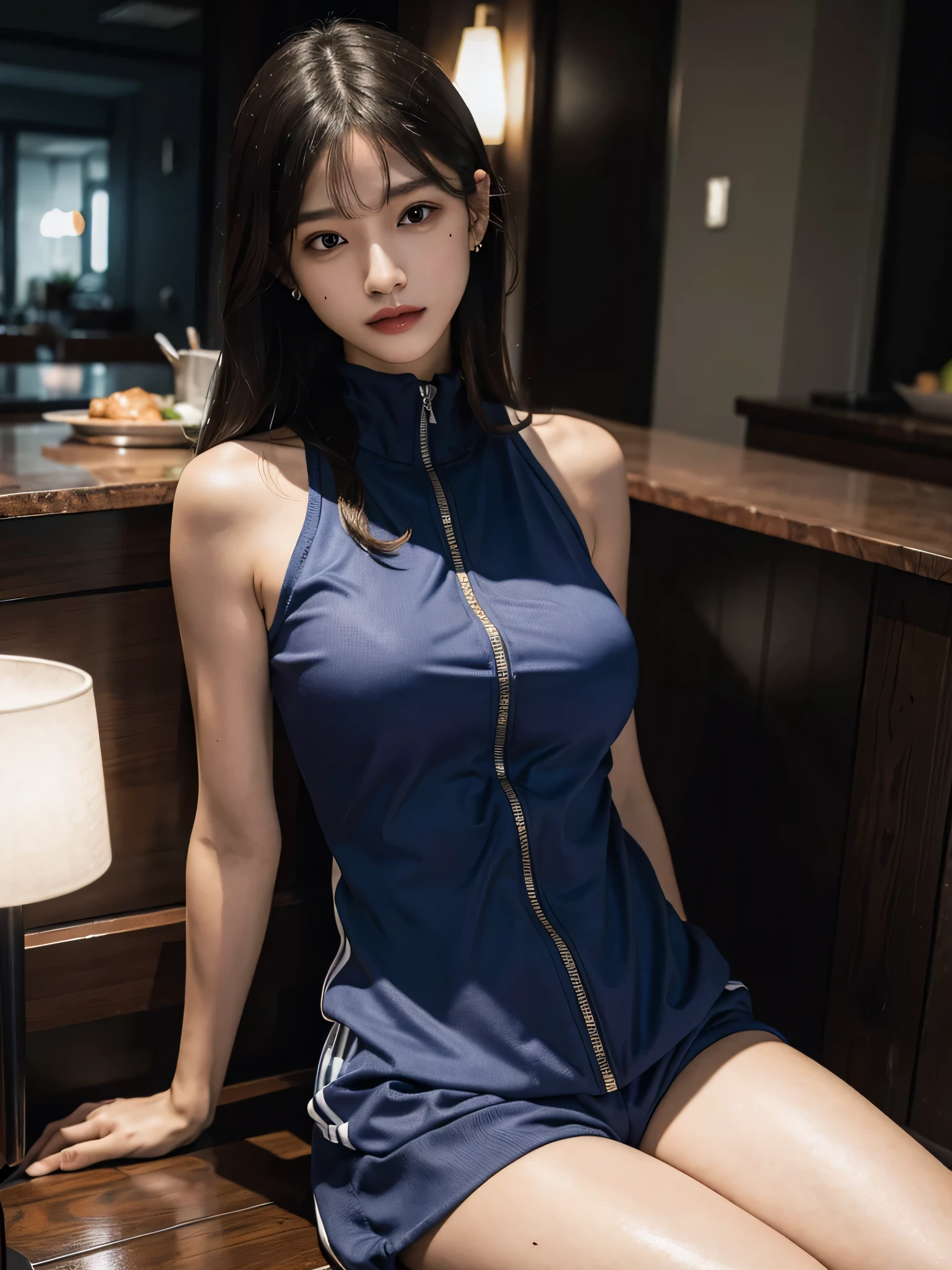 absurdres, RAW photo, extremely delicate and beautiful, masterpiece, Best Quality, ultra high resolution, 16k, hyperrealistic, ultra-detailed, perfect anatomy, super Detailed skin, perfect figure, Very detailed CG 8k wallpaper, in her 20s, very Slim body, narrow waist, very small head, very small face, delicate facial features, tearful mole, earring, thin legs, bare legs, ((bare arms)), ((very huge round breasts)), full body shot, 1 girls, short middle hair, wavy hair, ((track suit)), shorts, ((sleeveless)), midriff, wet,