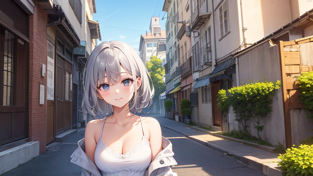 super high quality, girl, 20-year-old, とてもshort hair, long bangs between the eyes, very detailed,(masterpiece、highest quality)、alone、dark gray, silver hair, gray eyes, beautiful eyes,、short hair,blue sky , sunlight,fantastic scenery,smile、I can see your breasts、white coat