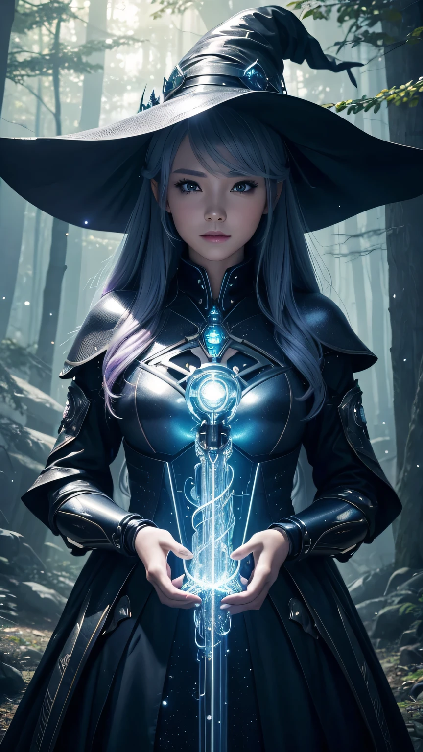 Futuristic robot witch in the enchanted forest、witch hat、cybernetic enhancement、Mechanical edge structure、Create a mysterious and charming atmosphere，sparkling magic wand，Glittering symbols and runes、shimmering particles、sparkling mist、strong color palette，（best quality，4K，8k，masterpiece：1.2），Super detailed，（lifelike，照片lifelike，The photos are real：1.37），human development report，ultra high definition，studio lighting，Super beautiful paintings，clear focus，Physically based rendering，extremely detailed description，main，bright colors，Defocused，