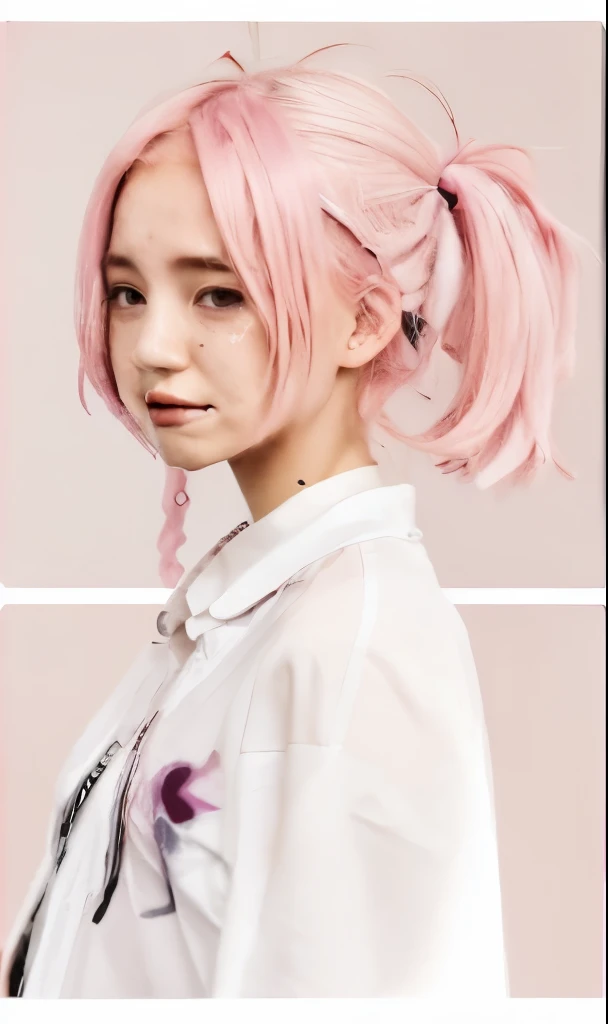 A girl with pink hair and a white shirt cried