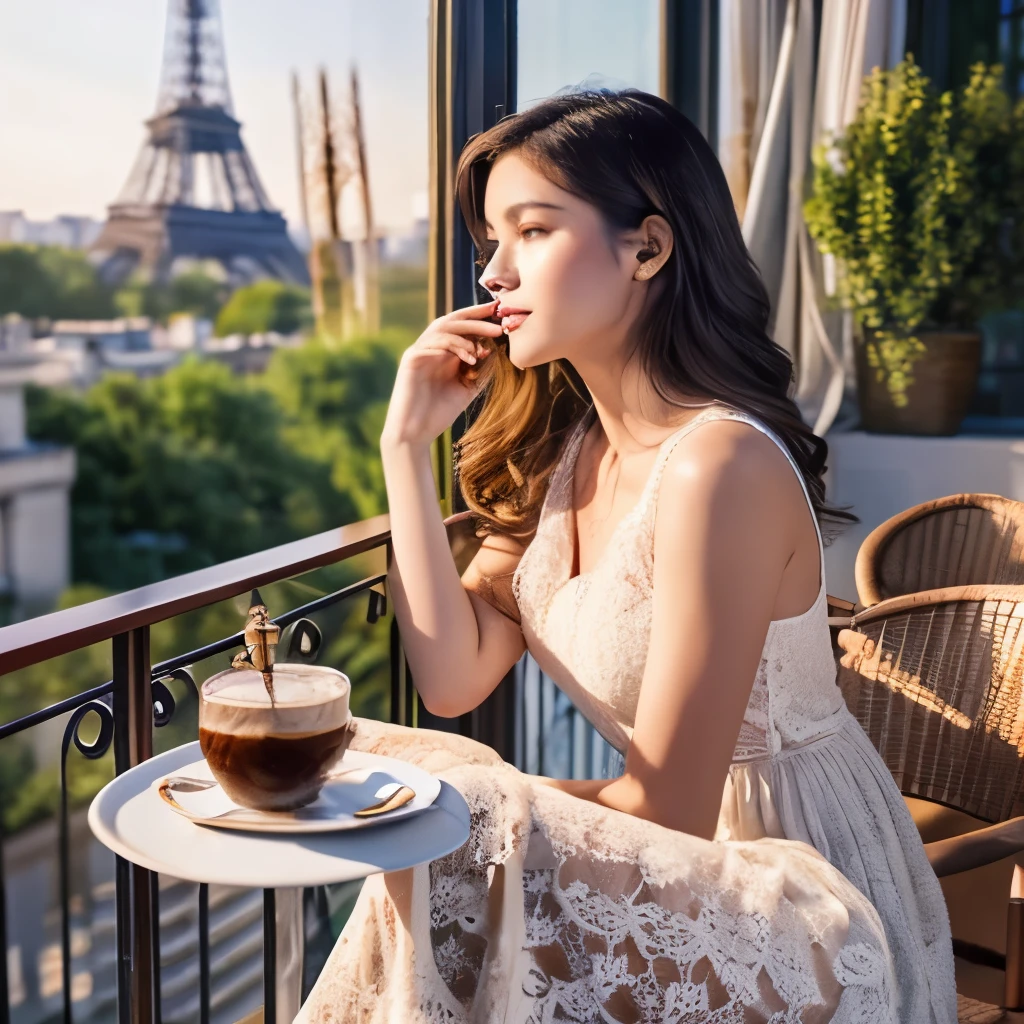 Stunning beauty of a very beautiful, elegant, fair skinned young Southeast Asian woman, sitting on a chair near the table, wearing long and white lace dress. Her hand rubbing a head of a very cute white kitten stting on a coffe table in the balcony, overview to eiffel tower. coffee cup and croissants in the plate and colorful flowers on the table. sideview of balcony. realistic . masterpiece.Realistic, highly detailed artwork. CGi 8k resolution.