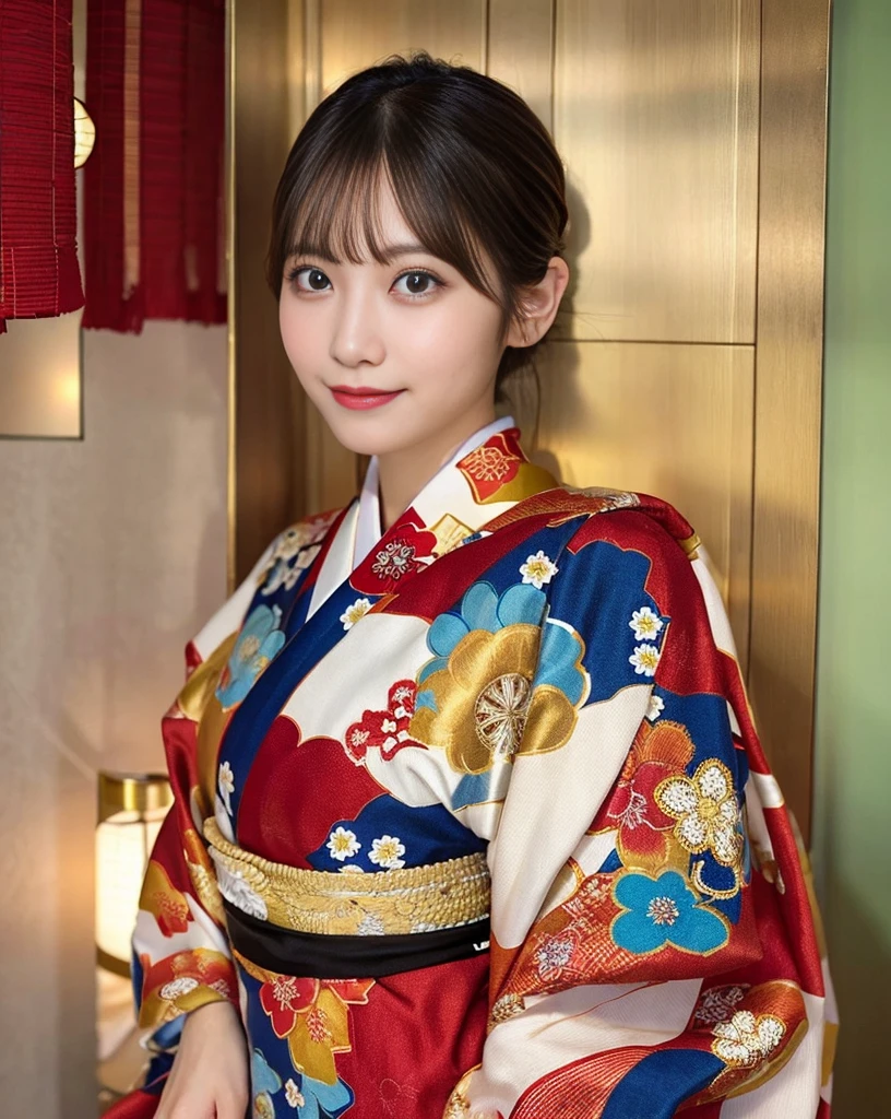 (Super realistic), (An illustration), (High resolution), (8K), (very detailed), (最高のAn illustration美しい詳細な目), (highest quality), (Super detailed), (masterpiece), (wall-), (details face), (Beautiful smile)、(beautiful expression)、medium long cut hair、Ear hooks with bangs、solo、(((cute japanese girl)))、highest quality、8K、At 32K、masterpiece、ticker:1.2)、1 girl、beautiful japanese woman、gorgeous young japanese woman, japanese model、cute type、Nogizaka series、gravure model、Super detailedな顔、Super detailedな目、Super detailedなボディ、Super detailedな背景薄手のトップスを着たショートヘアのアラフォー女性,advertising pictures、pose for a photo、japanese fashion、japanese kimonoを着ます、japanese kimono、New Year、enjoy the new year、