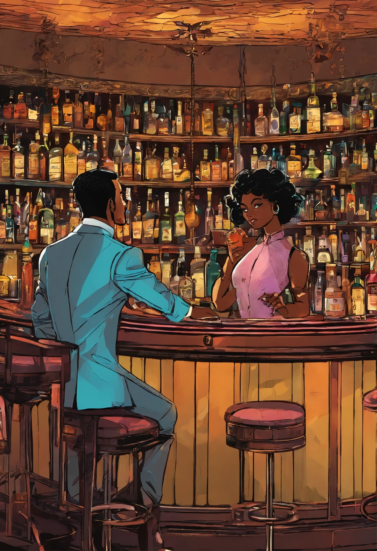 A dimly lit bar, its warm lighting casting a cozy glow over the crowd of people gathered around. The atmosphere is inviting, with the scent of various spirits and the murmur of lively conversation filling the air. The bar is crowded with patrons, each of them seemingly absorbed in their own conversations or focused intently on the ebony bartender, who is skillfully mixing drinks behind the counter. In the center of it all, a handsome man sits regally on a high chair at the opposite end of the bar, his attention fixed on the ebony woman behind the counter. The ebony bartender is a striking woman with long, flowing hair that cascades down her back, her movements graceful and precise as she pours, shakes, and stirs various ingredients into glasses. The man watches her every move, a mix of appreciation and desire shining in his eyes. The bar itself is made of dark wood, with brass fittings and intricately carved details that add to its vintage charm. Bottles of various liquors line the shelves behind the bar, casting colored light across the woman's face and the man's expression. A vintage jukebox stands in the corner, its retro design adding to the overall nostalgic ambiance of the space. The image captures a moment of tension and anticipation, as the man and the bartender seem to be sharing a secret language of gestures and glances, their connection palpable even from across the bar, landscape Shot on Fujifilm x t30 ii, ultra realistic engine, wide-angle shot, shallow depth of field