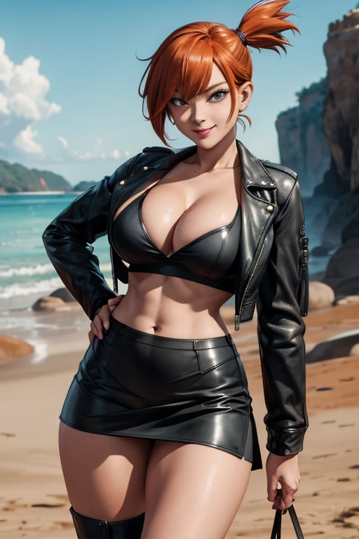 Pose de modelo sexy, obra de arte, melhor qualidade, high resolution, 1 garota, (Pokémon), cabelo laranja, Sozinho, rabo de cavalo lateral, Athletic body, cabelo laranja, barriga, black shirt, cleavage, leather jacket, open jacket, leather skirt, knee-high black leather boots, umbigo, cabelo curto, sorriso, seios grandes, tiro de corpo inteiro, cidade, high resolution, very high resolution, 1080P, 4k, 8k, 16k, muito detalhado, realista, 8k, Cinema 4D, Arte extremamente detalhado, [ Arte Digital 4K ]