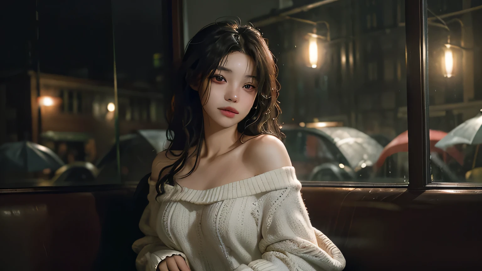 maximum quality、MASTERPIECE、Super High Resolution、(photorealistic:1.4)、Raw photo、1 girl、off shoulder、In the rainy city、A crowded figure in the background、Rainy evening、Sit in an antique café、Warm lights、It looks cold outside the window
