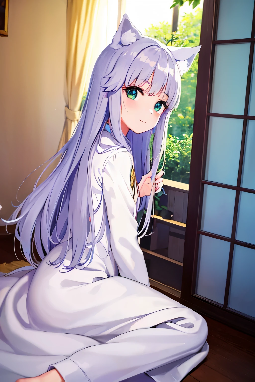 Cabello largo plateado, ojos verdes, petite, monja, white clothes, wolf ears, wolf tail, sonrisa, muslos hermosos, inside house, girar cuello, look back