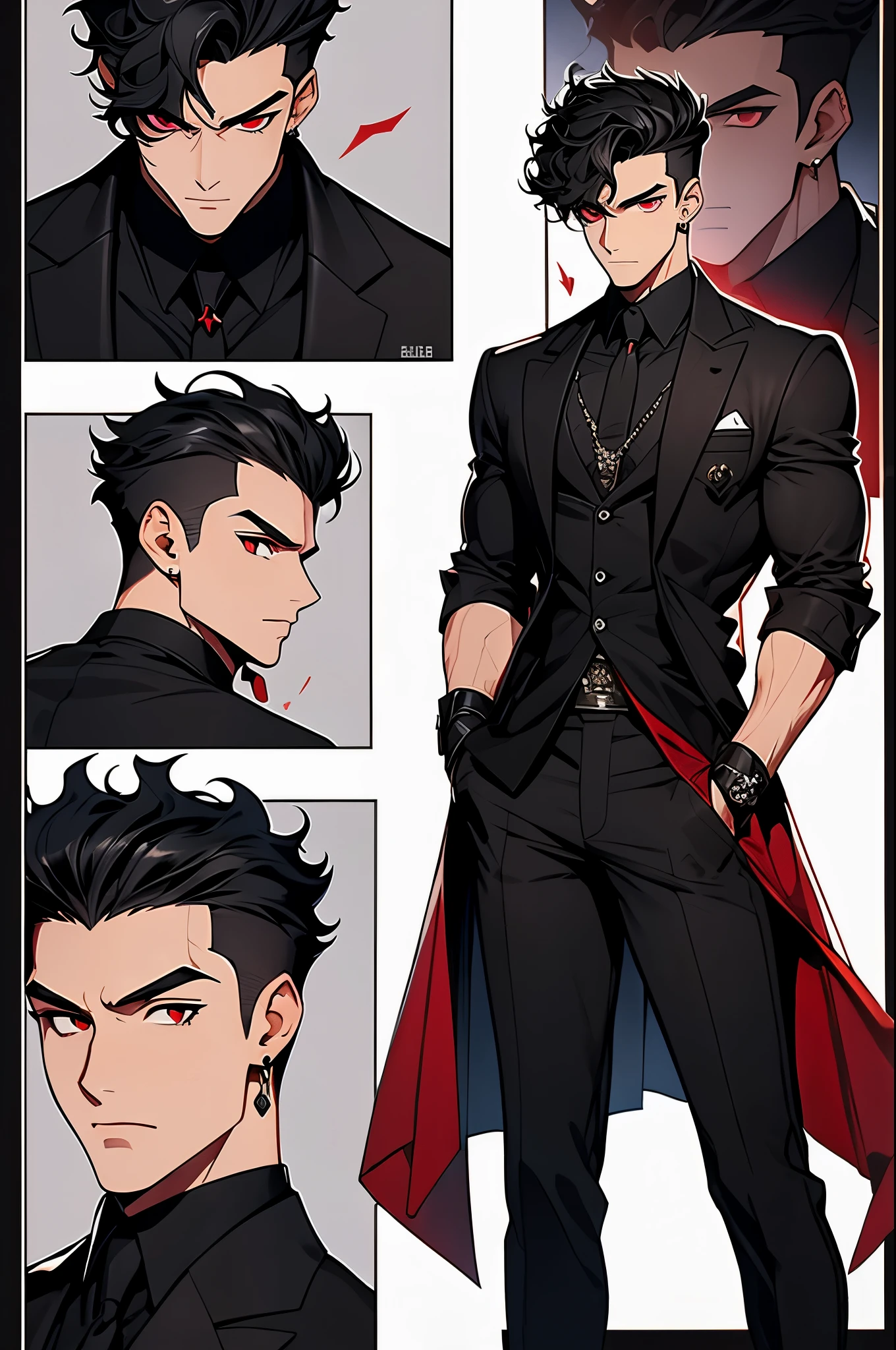 black hair, curly hair style, red eyes, nice eyes, athletick body, buffed body, aggrasive looking, wearing black cotton suit, male, black trousers, grey tunic, black shoes, black punk gloves, red earrings, aggrasive looking, extra-detailed, extra details, Anime Style, character desing.