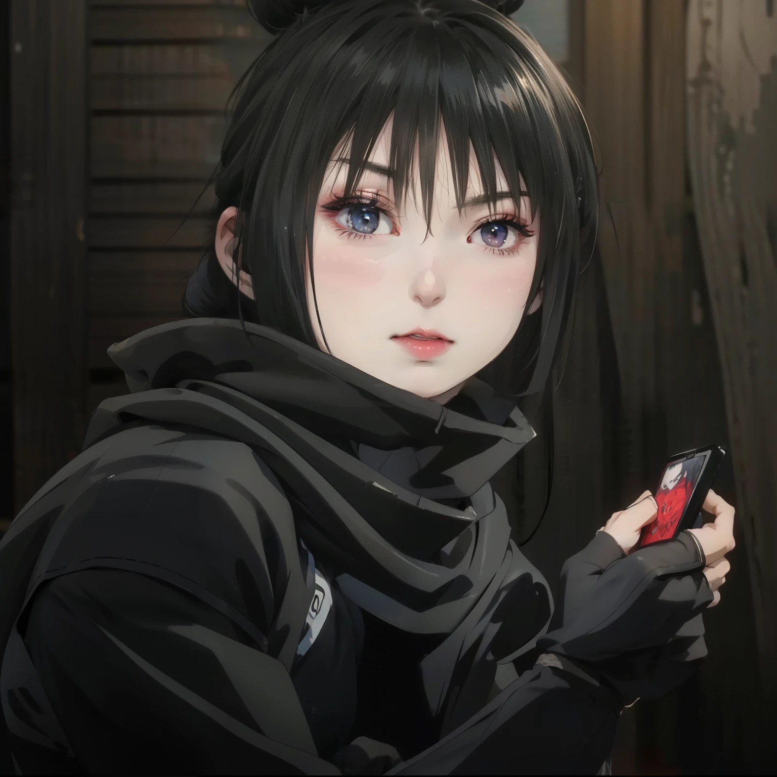 anime image of a woman holding a cell phone in her hand, in the anime series ergo proxy, kirito, as an anime character, in the anime film ergo proxy, ( ( ( yoshinari yoh ) ) ), shuushuu anime image, in full metal alchemist, in the anime film, black - haired mage, Lan Fang,long black hair,Fullmetal Alchemist,female killer,black hanfu,female ninja,Black clotheaid,黑色长发female killer,female retainer,黑发female ninja,long black hair女生,female warrior,woman samurai,female ninja,Beautiful girl,Girls with bun hair,Girls with bun hair,Girls with bun hair