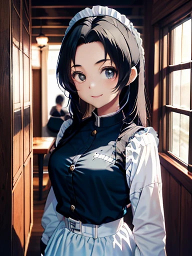 maid, girl, Slim Body, long hair, black hair, Twinkling Eyes, Thick Eyebrows, Full Mouth, Embroidered Clothing, kitchen, soft light, snapshot, 1980s color photo, Lomography, monochromatic, 16k, Lifelike, Smirking, Looking at the viewer, overhead shot, masterpiece, best quality, extremely detailed, ultra high res,8k,