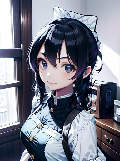 maid, girl, Slim Body, long hair, black hair, Twinkling Eyes, Thick Eyebrows, Full Mouth, Embroidered Clothing, kitchen, soft light, snapshot, 1980s color photo, Lomography, monochromatic, 16k, Lifelike, Smirking, Looking at the viewer, overhead shot, masterpiece, best quality, extremely detailed, ultra high res,8k, 