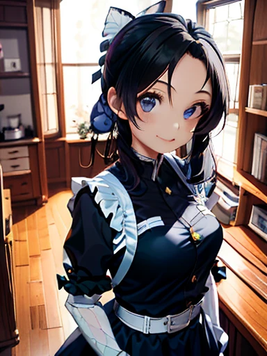 maid, girl, Slim Body, long hair, black hair, Twinkling Eyes, Thick Eyebrows, Full Mouth, Embroidered Clothing, kitchen, soft light, snapshot, 1980s color photo, Lomography, monochromatic, 16k, Lifelike, Smirking, Looking at the viewer, overhead shot, masterpiece, best quality, extremely detailed, ultra high res,8k,