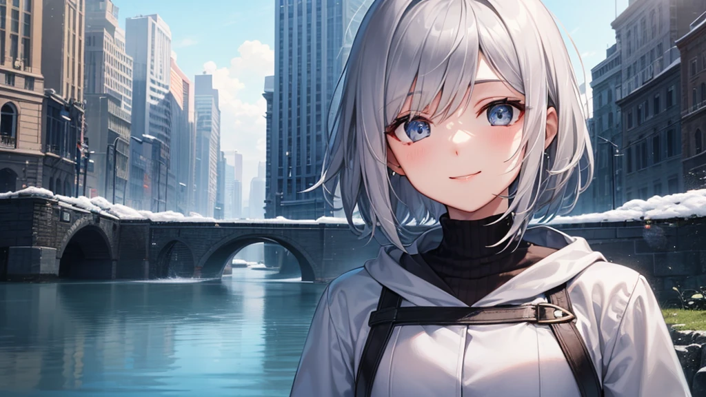 super high quality, girl, 20-year-old, とてもshort hair, long bangs between the eyes, very detailed,(masterpiece、highest quality)、alone、dark gray, silver hair, gray eyes, beautiful eyes,、short hair,blue sky , sunlight,fantastic scenery,smile、white coat