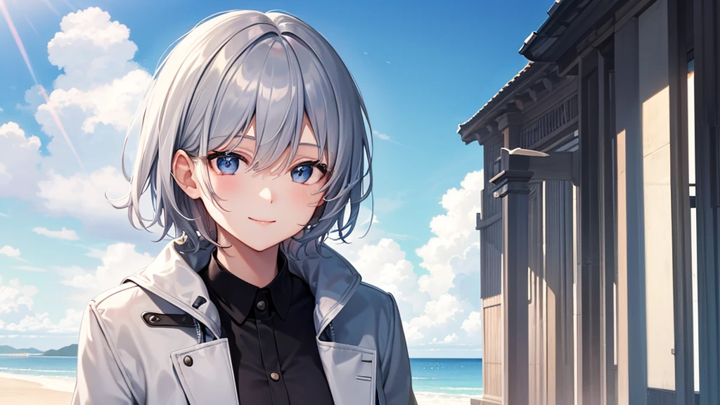 super high quality, girl, 20-year-old, とてもshort hair, long bangs between the eyes, very detailed,(masterpiece、highest quality)、alone、dark gray, silver hair, gray eyes, beautiful eyes,、short hair,blue sky , sunlight,fantastic scenery,smile、white coat