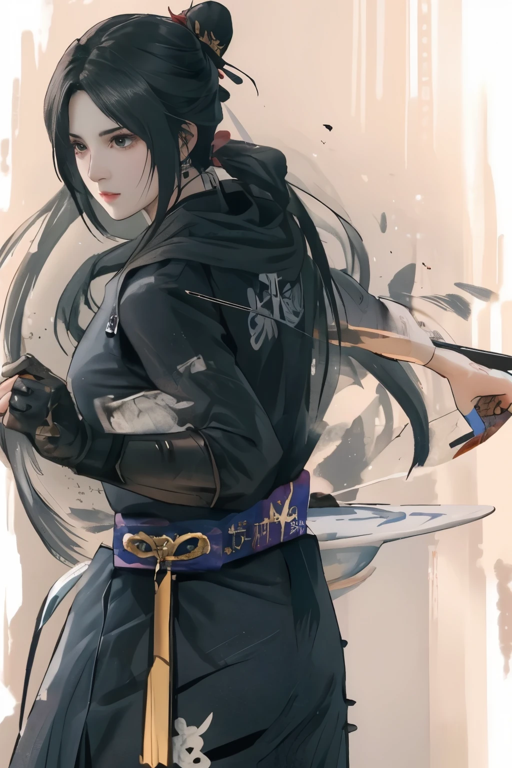 a close up of a person holding a knife and a bowl, portrait ninja gaiden girl, jrpg character, masamune shiro, masamune, inspired by Kanō Hōgai, female protagonist, jrpg character art, black - haired mage, inspired by Li Shida, inspired by Kawabata Ryūshi, detailed anime character art， Lan Fang，long black hair，Fullmetal Alchemist，female killer，black hanfu，female ninja，Black clotheaid，黑色长发female killer，female retainer，黑发female ninja，long black hair女生，female warrior，woman samurai，female ninja，Beautiful girl，Girls with bun hair，Girls with bun hair，Girls with bun hair