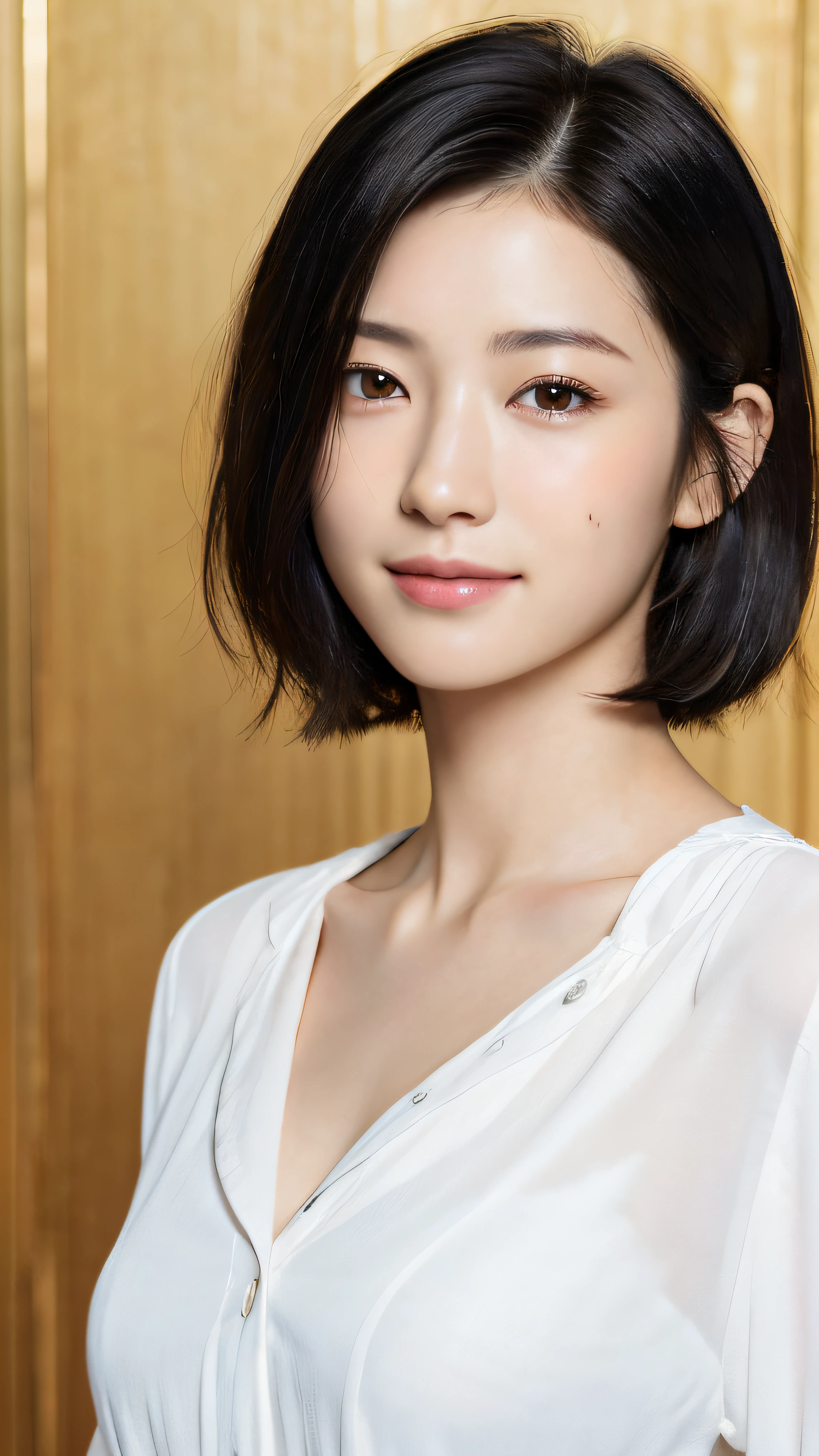 (masterpiece:1.3), (8K, realistic, RAW photo, highest quality: 1.4), Japanese, (1 girl), beautiful face, (realistic face), (black hair, short hair:1.3), beautiful hairstyle, realistic eyes, beautiful and fine eyes, (realistic skin), beautiful skin, Charm, ultra high resolution, surreal, very detailed, golden ratio, (detailed face:1.2),looking at the viewer,smile,open white shirt,medium breasts,Are standing,put your hand on your waist