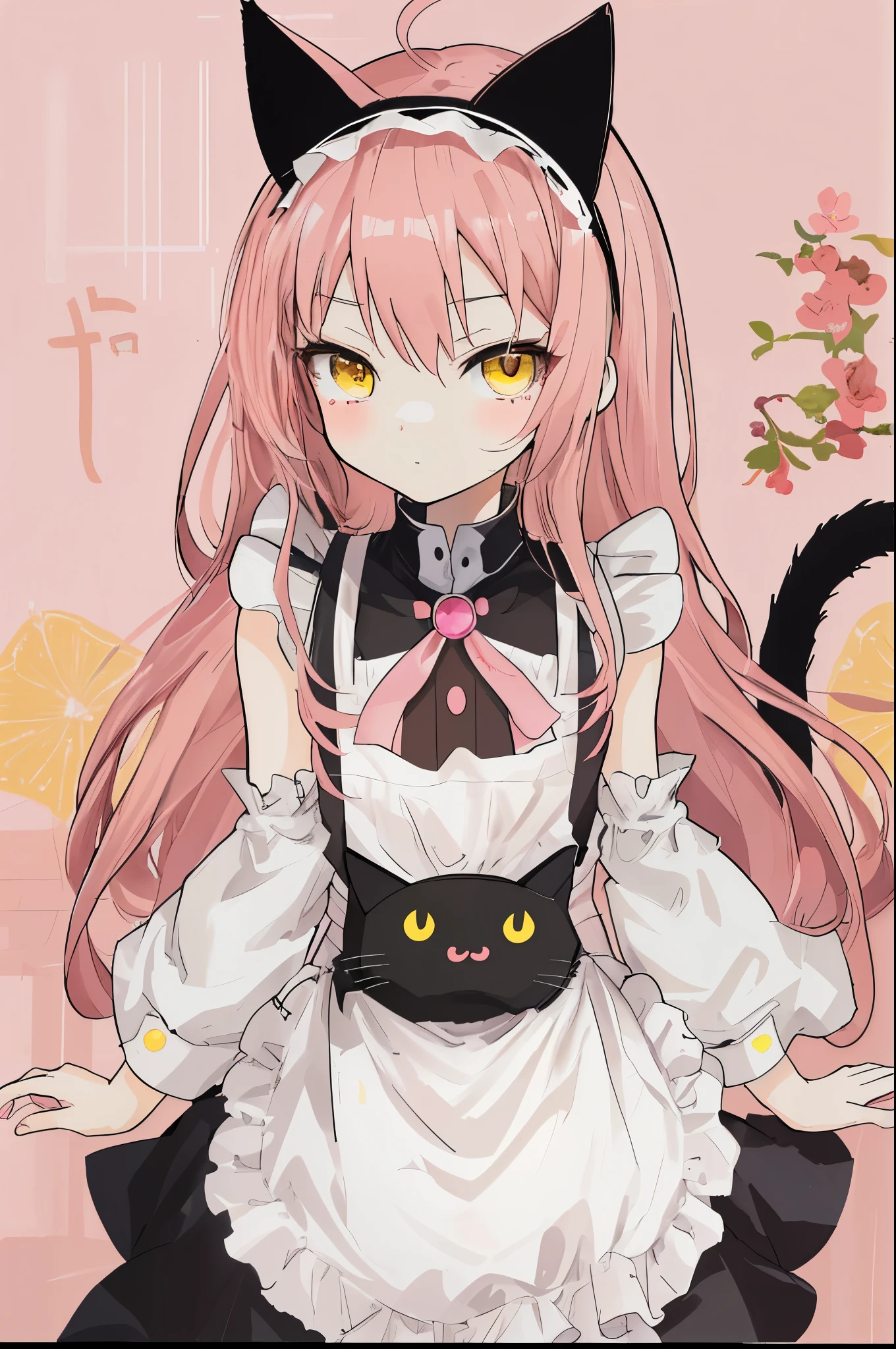 cute anime girl with long pink hair and yellow eyes, small chest size, loli short height, slim body, wearing white maid outfit and cat headband