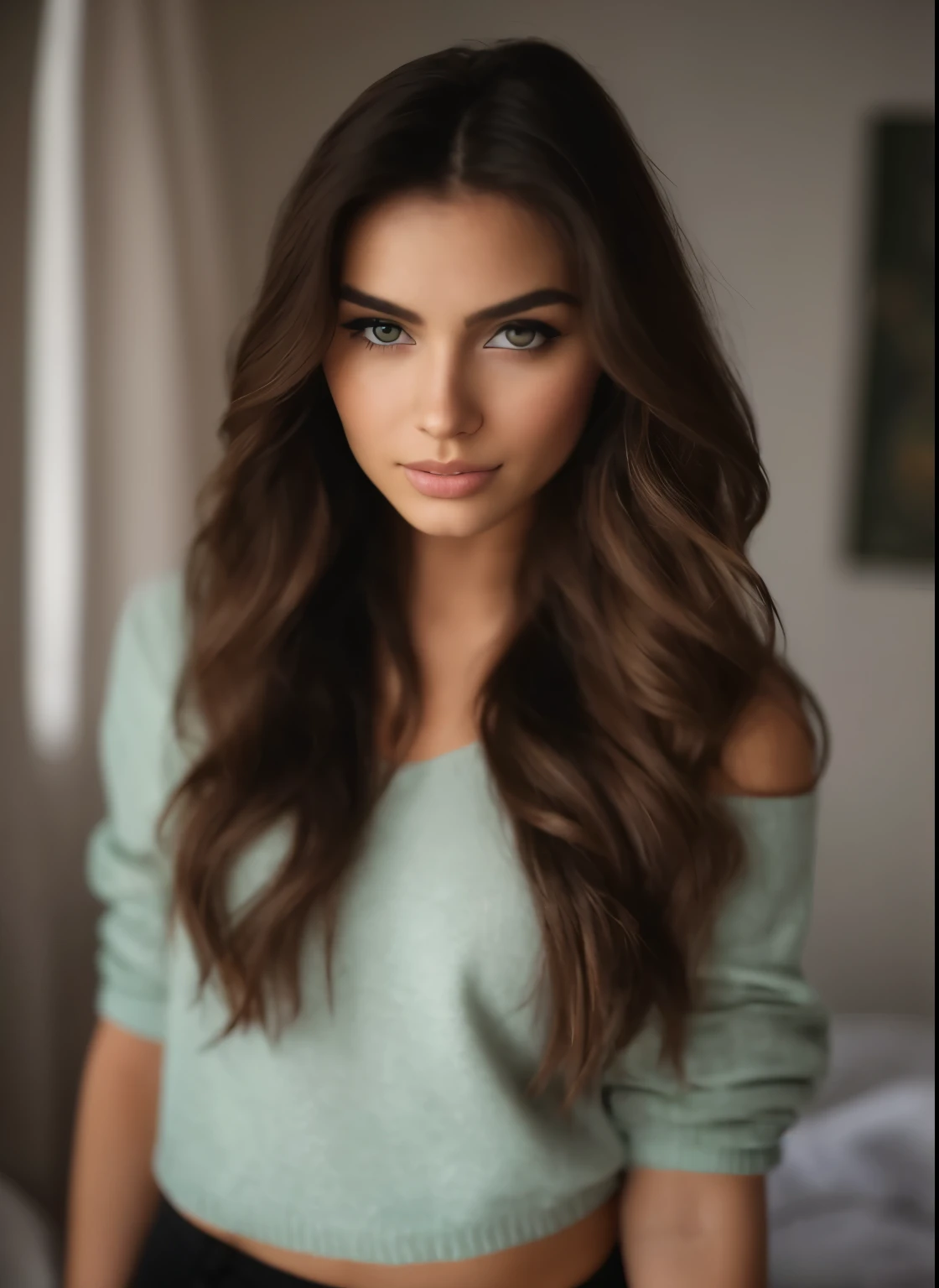 a close up of a woman with long hair wearing a green sweater, photo of a beautiful woman, girl with brown hair, brunette woman, brown haired,  with dark brown hair, girl with dark brown hair, 60mm portrait, 7 0 mm portrait, brown wavy hair, brunette, anna nikonova aka newmilky, gorgeous woman, long brown wavy hair. naked