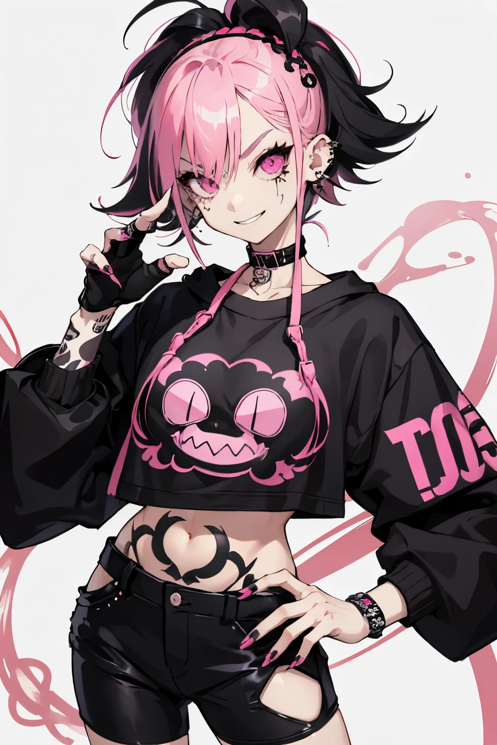 kpop girl with rizz smile face, bad ass, black,pink hair, tattoos on hands and neck, piercing, black mixed pink striped sweater, cool badass pose, smoke background ,jht,1boy, slightly long pointy thin fingernails