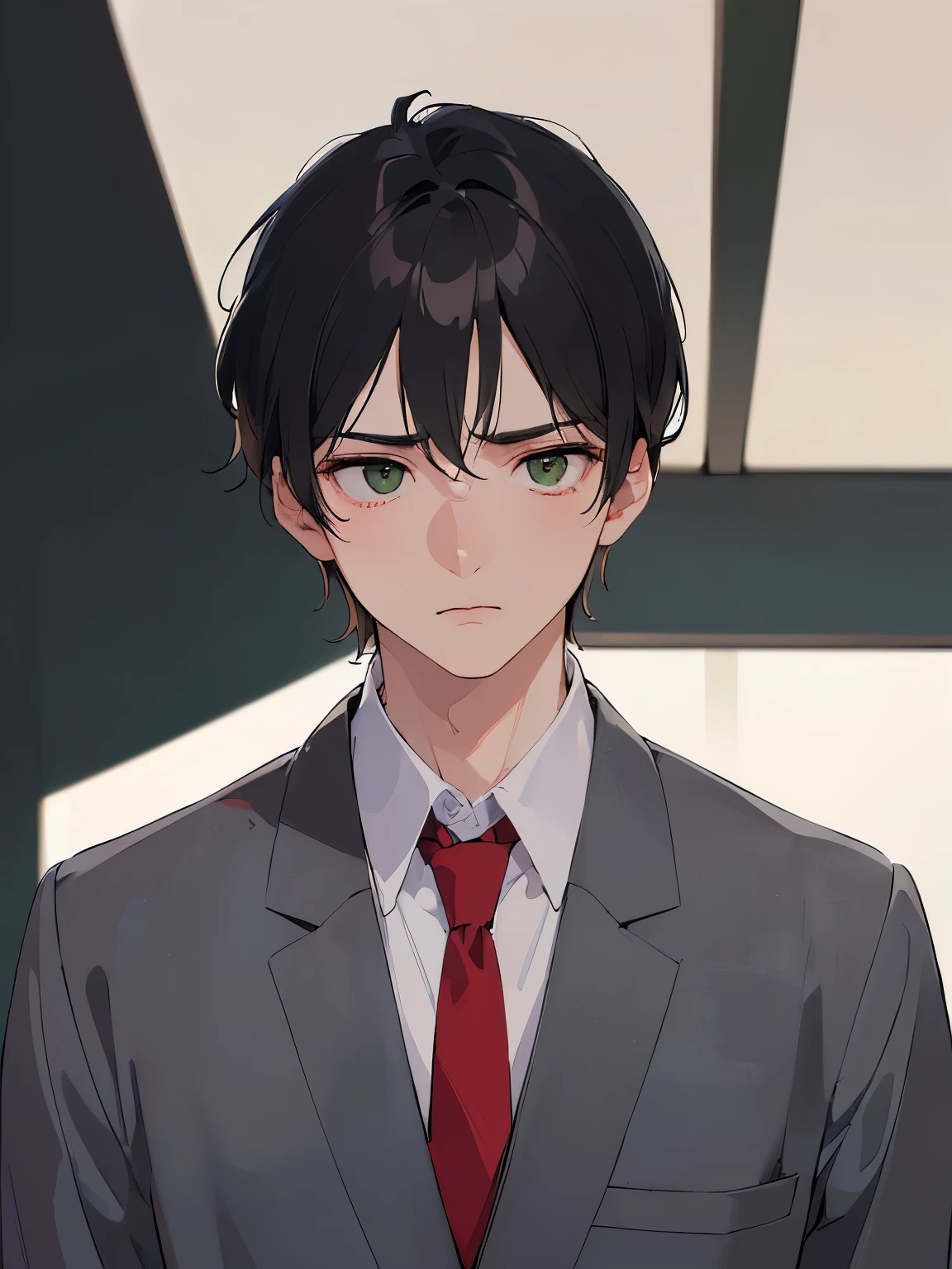(looking away:1.5), masterpiece、high quality、25-year-old man with short black hair and green eyes、Like a cartoon in Japan、wearing a gray suit、Wearing a red tie、wearing a white shirt、(Alone:1.5)、(Depressed look:1.1)、(close up of your face:1.3)、(Only the upper body is shown.:1.3)、The background is an office、Are standing、bold composition、
