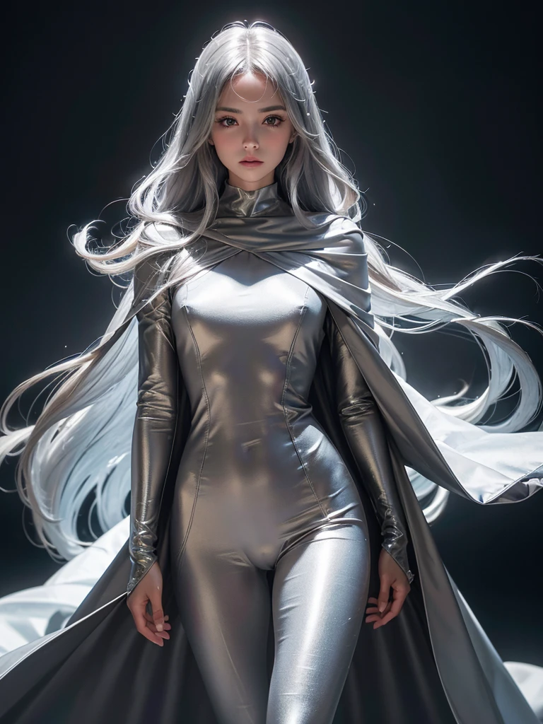 high res,masterpiece,best quality,extremely detailed , ultra-detailed, long silky smooth hair , secret agent spy , small silver cape, full body covered close up gray silk suit, cinematic , aesthetic, small covered chest Realistic lighting, delicate face, Body perfect anatomy,Top Quality, 8K Resolution, High quality , shiny whitish silver hair