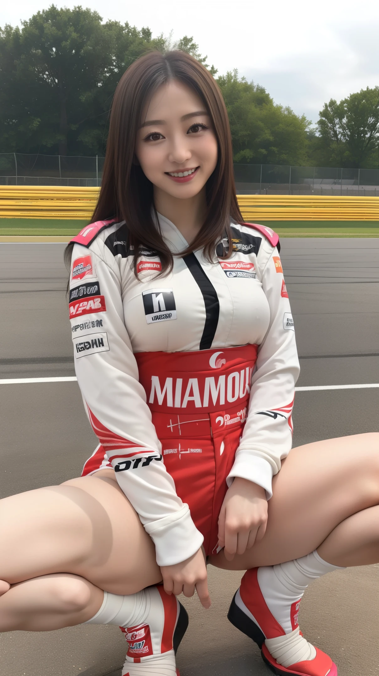 1 Japanese woman、big breasts
(((masterpiece))), ((highest quality)), ((intricate details)), (((hyper realistic)), Unorganized resolution, far and near method, very detailed, Reality, 1 girl, {8K Photo Quality:1.2}、{Ultra high resolution photo quality:1.2}、{super real 1.2}、{perfect limbs}、{Japanese}、masterpiece、NSFW、1 female、alone、Wearing a race queen costume with many sponsor logos、Her outfit with lots of sponsor logos、{Being in the pits of a car race}、She is a race queen、Dynamic sexy poses、smile、Open crotch pose、Spread your legs in an M-shape