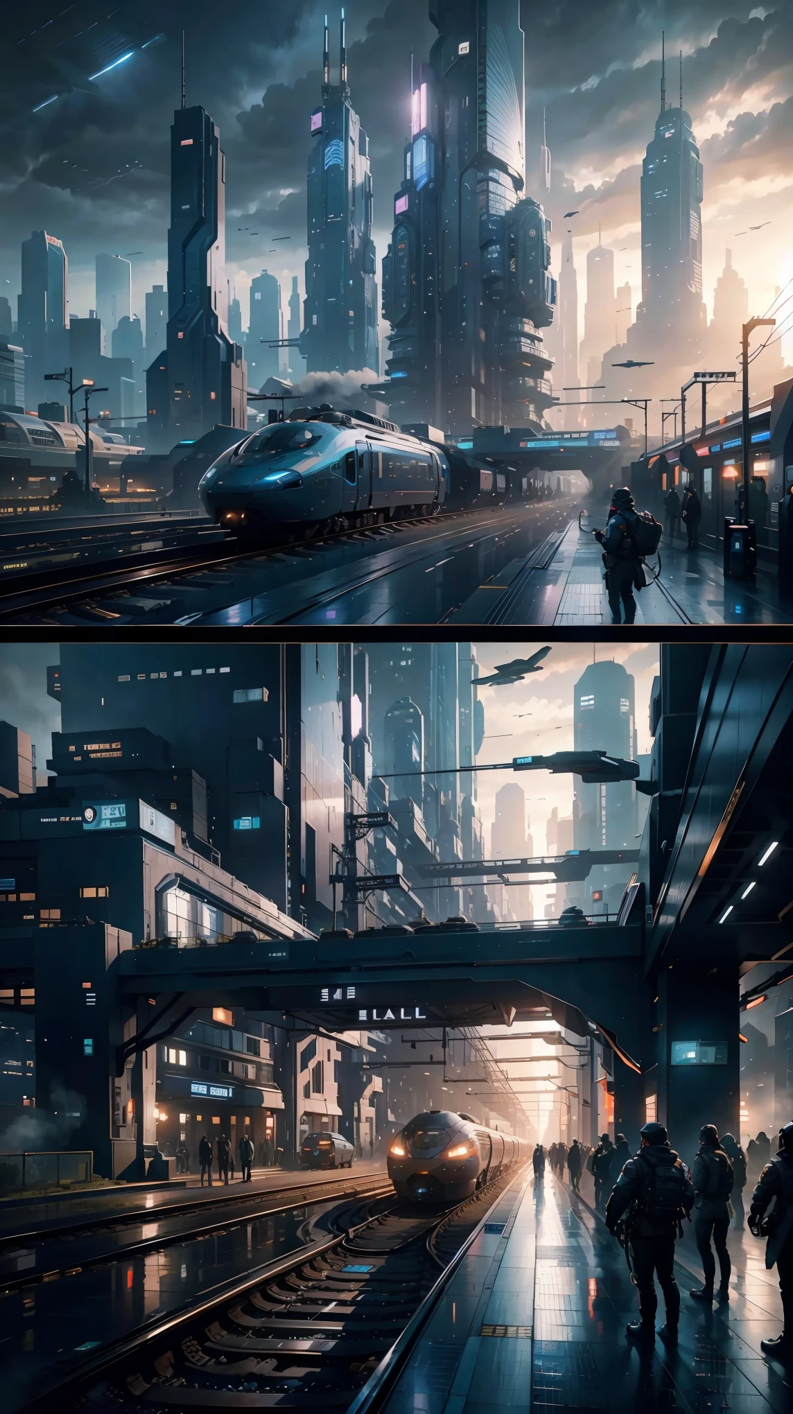 future city:1.5,Terminal Station,many trains are stopped,master piece,highest quality,ultra high resolution,(Super detailed:1.2),8K,photorealistic,best aesthetic,beautiful