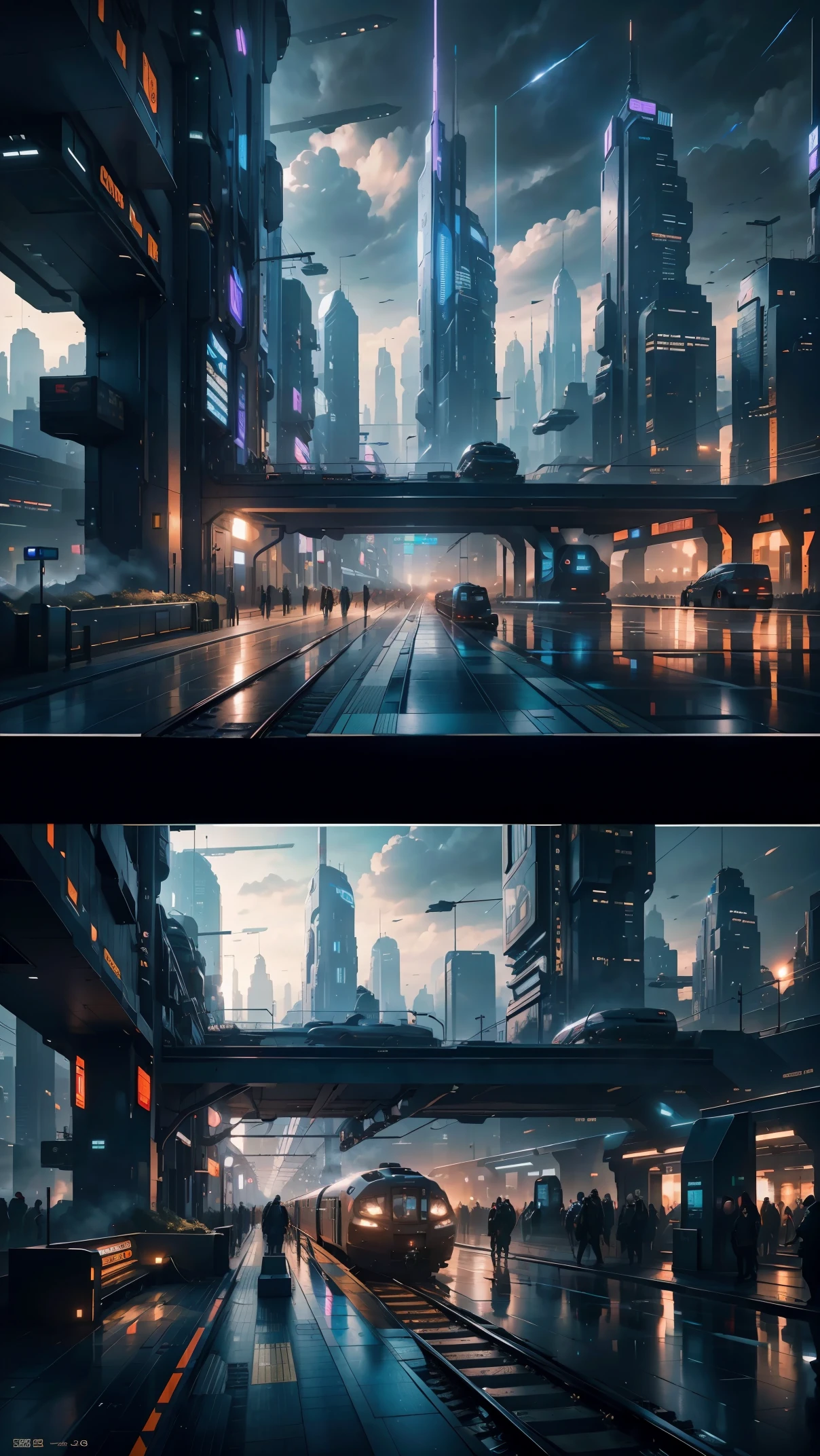 future city:1.5,Terminal Station,many trains are stopped,master piece,highest quality,ultra high resolution,(Super detailed:1.2),8K,photorealistic,best aesthetic,beautiful