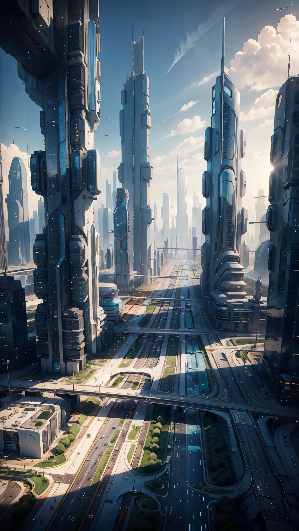 future city:1.5,Highway seen from the sky,car,building,master piece,highest quality,ultra high resolution,(Super detailed:1.2),8K,photorealistic,best aesthetic,beautiful