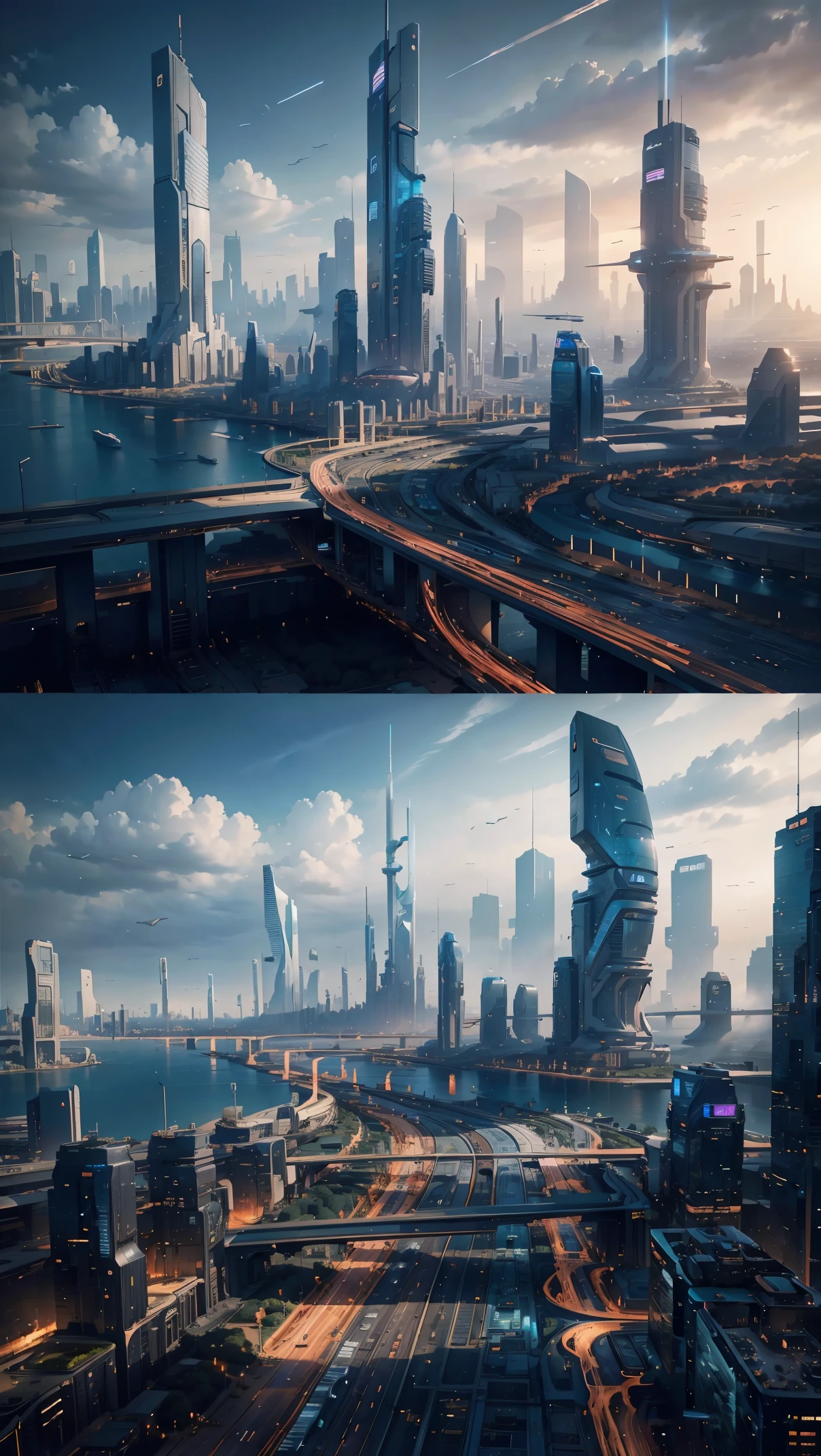 future city:1.5,Highway seen from the sky,car,building,master piece,highest quality,ultra high resolution,(Super detailed:1.2),8K,photorealistic,best aesthetic,beautiful