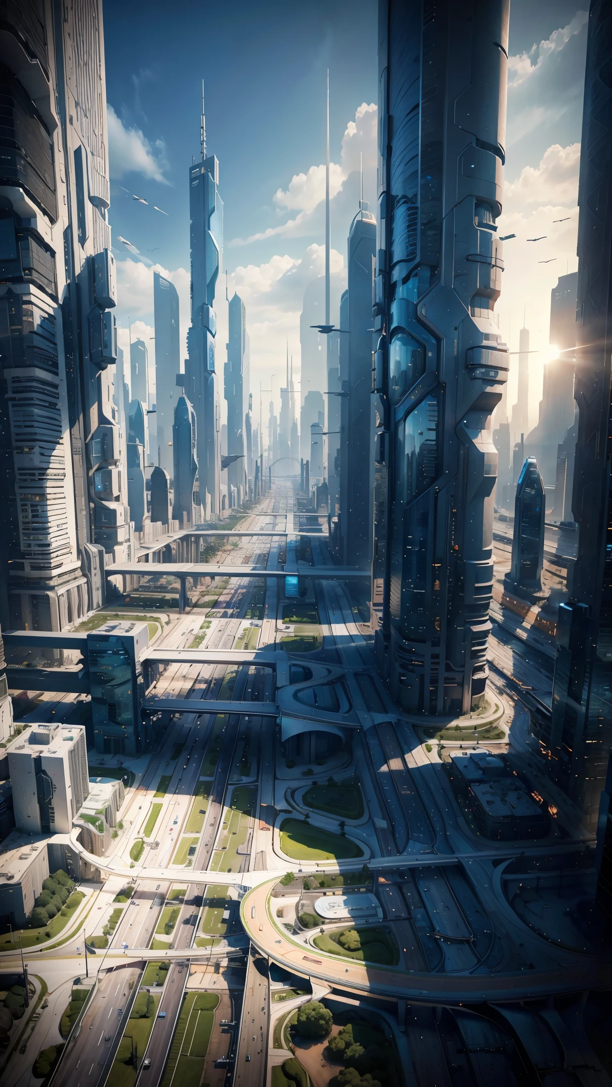 future city:1.5,Highway seen from the sky,car,building,master piece,highest quality,ultra high resolution,(Super detailed:1.2),8K,photorealistic,best aesthetic,beautiful