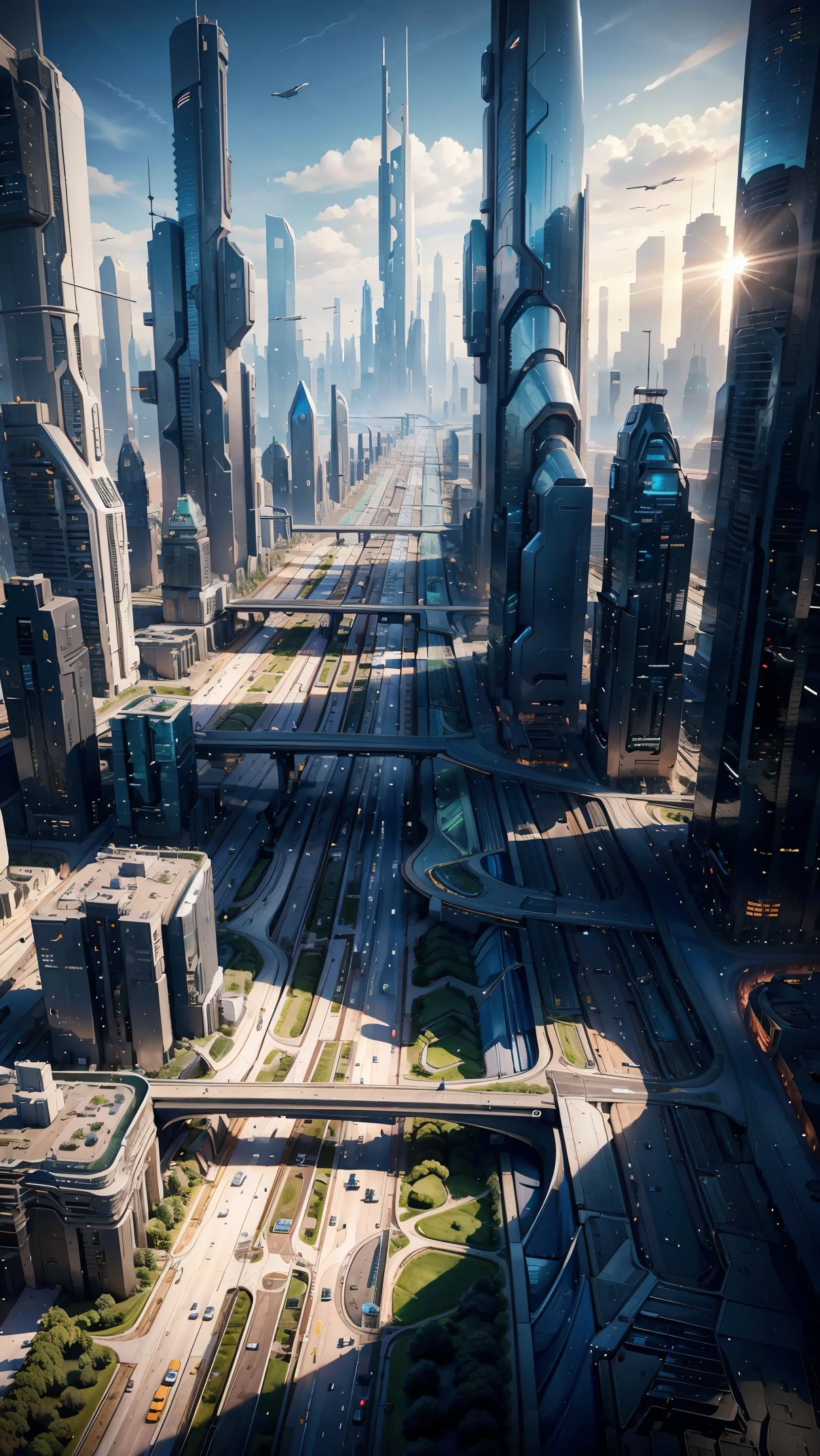 future city:1.5,Highway seen from the sky,car,building,master piece,highest quality,ultra high resolution,(Super detailed:1.2),8K,photorealistic,best aesthetic,beautiful