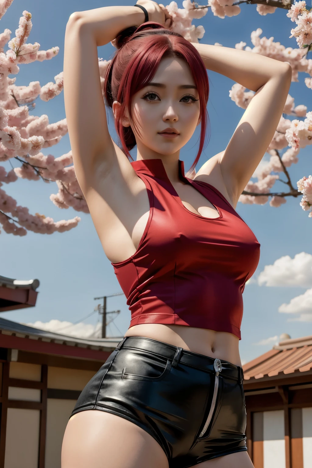 sakura from naruto shippuden anime, red sleeveless top, arm up in the air, UHD underarms, UHD armpit details