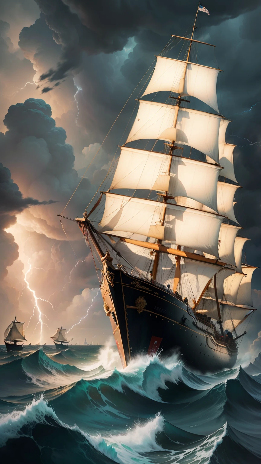sailors on the deck of a three-masted sailing ship observe an approaching storm. stormy sky, lightning, very rough waters.